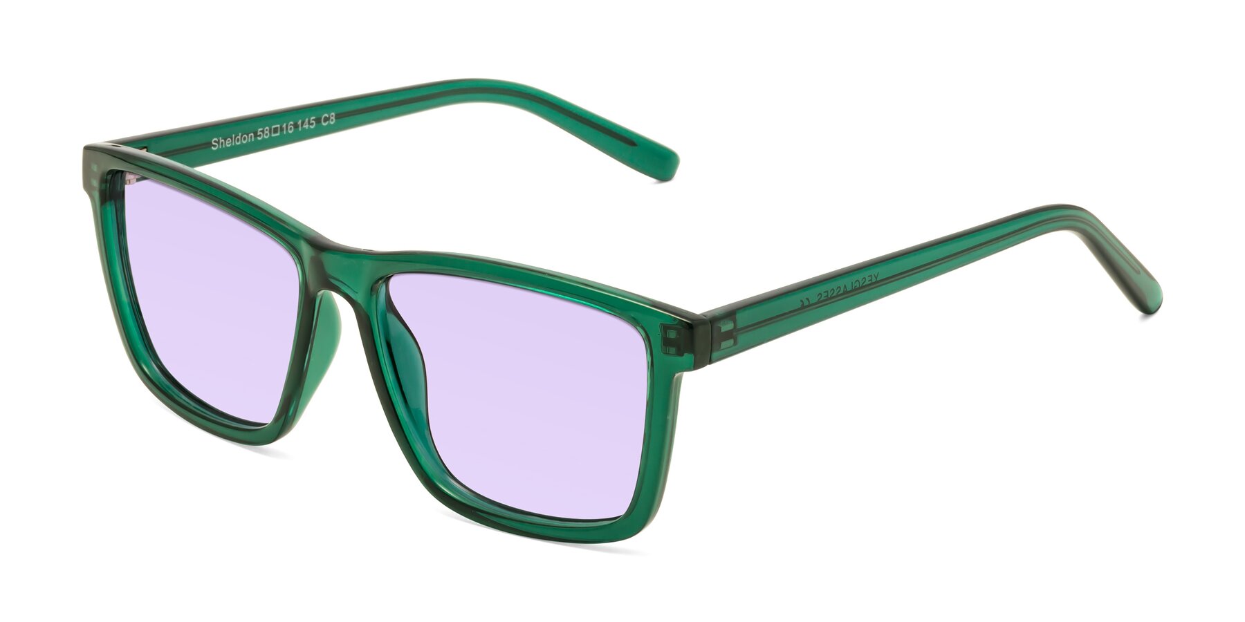 Angle of Sheldon in Green with Light Purple Tinted Lenses