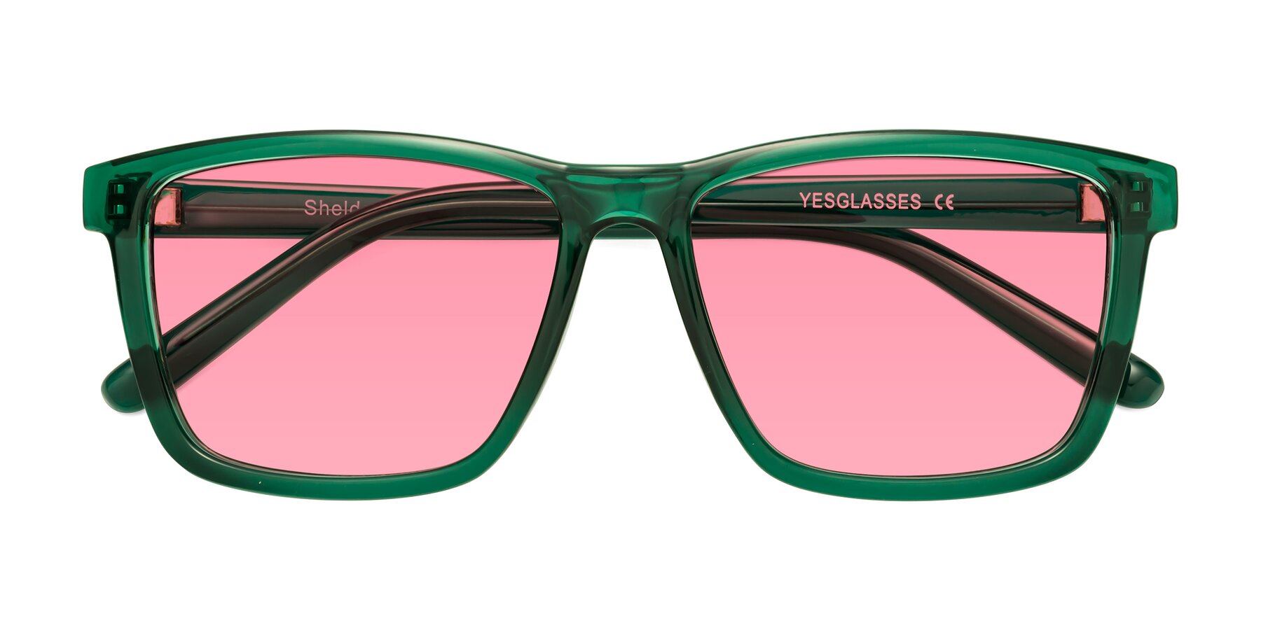 Folded Front of Sheldon in Green with Pink Tinted Lenses