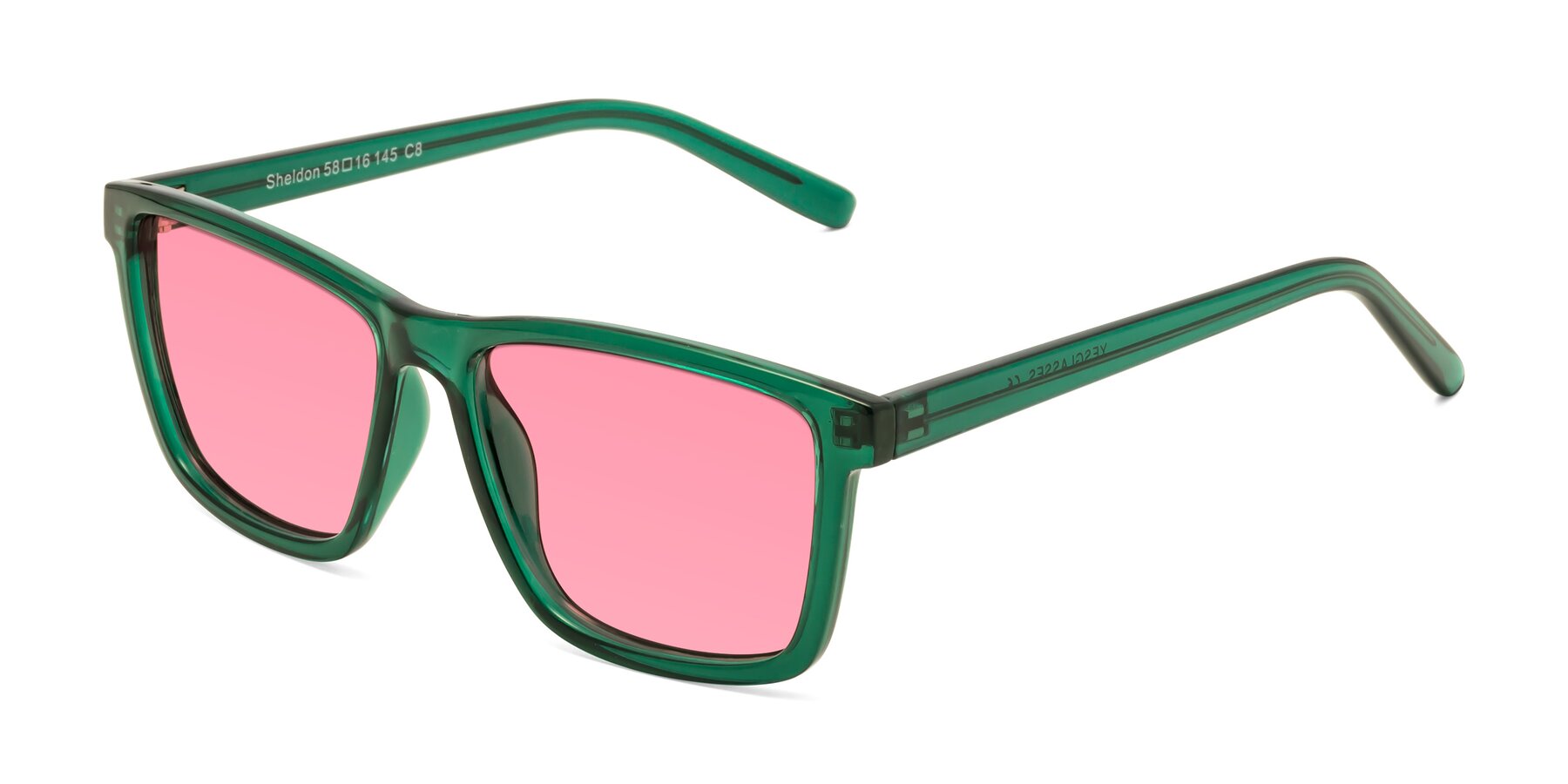 Angle of Sheldon in Green with Pink Tinted Lenses