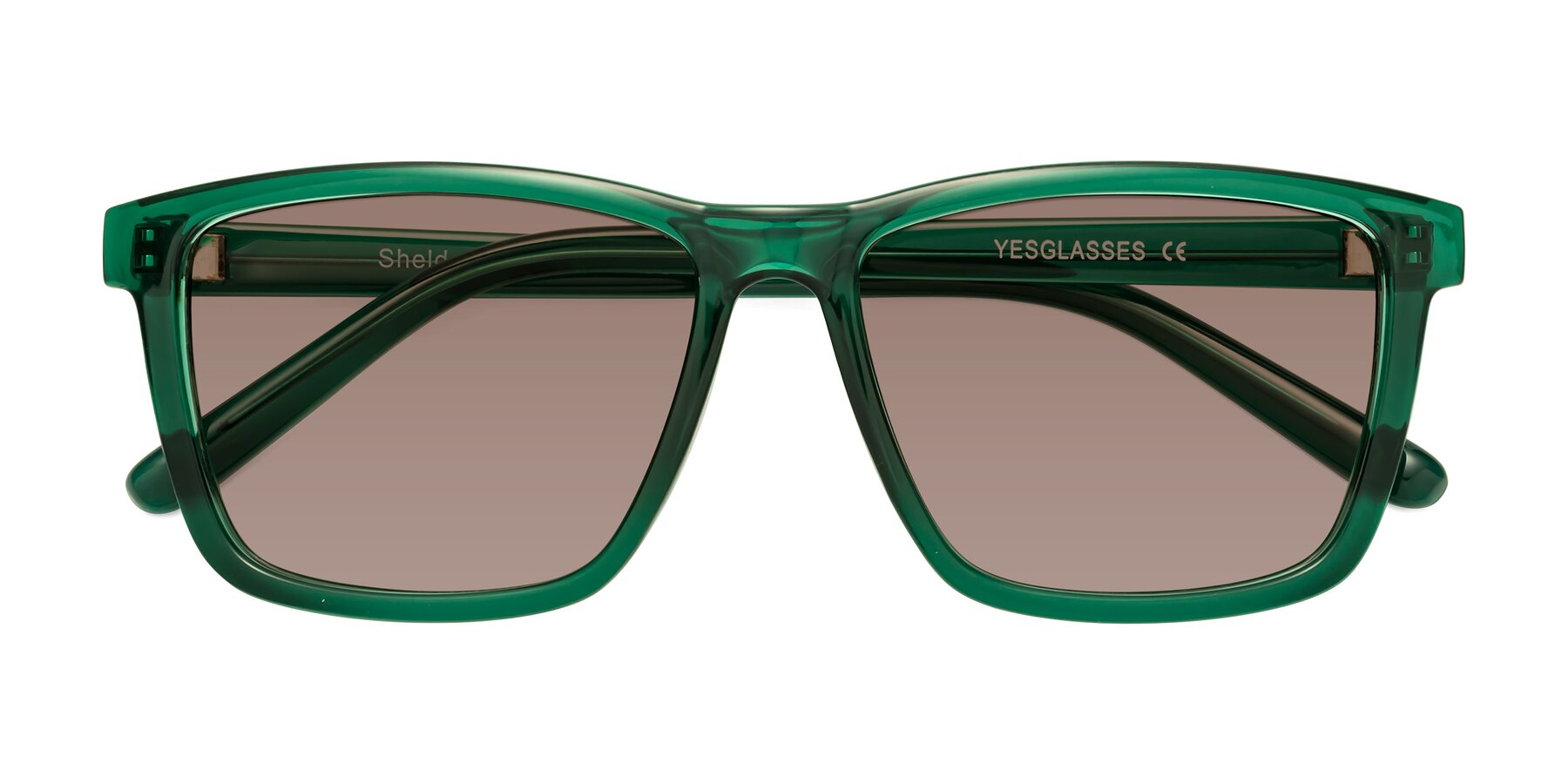 Folded Front of Sheldon in Green with Medium Brown Tinted Lenses