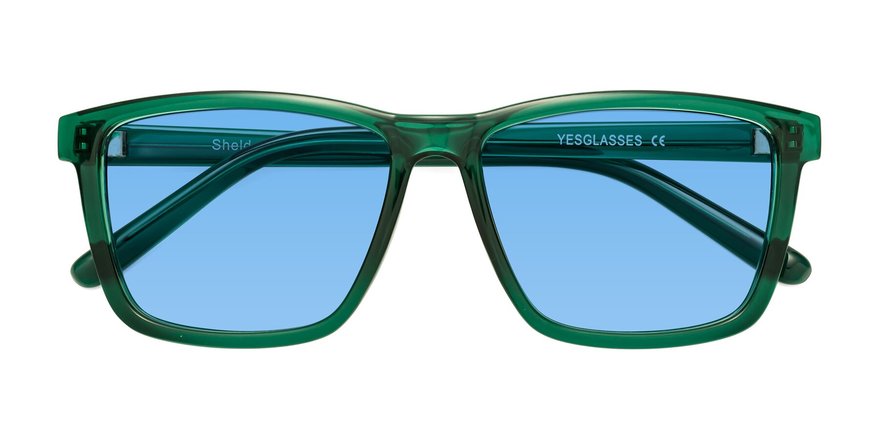 Folded Front of Sheldon in Green with Medium Blue Tinted Lenses