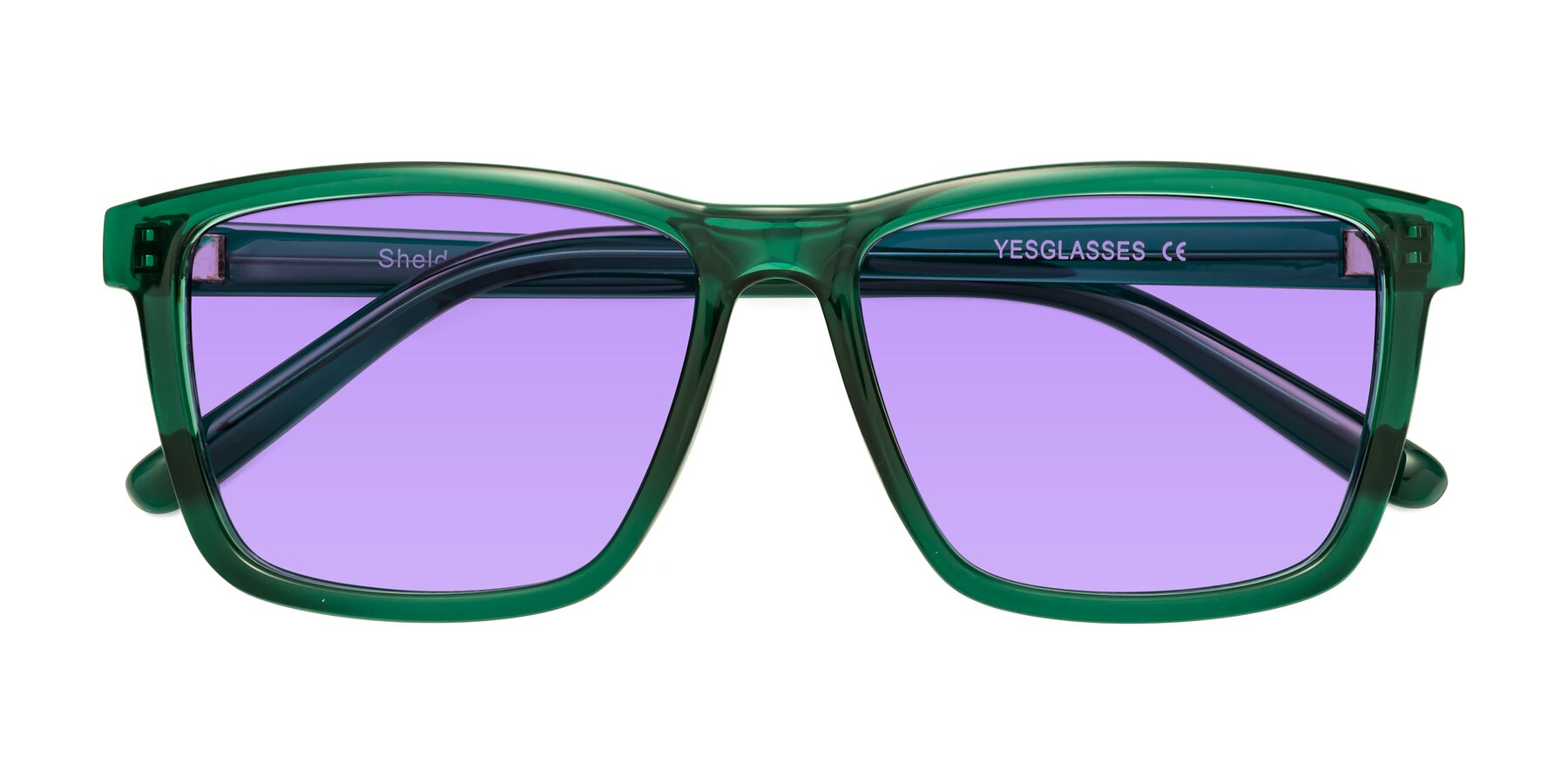 Folded Front of Sheldon in Green with Medium Purple Tinted Lenses
