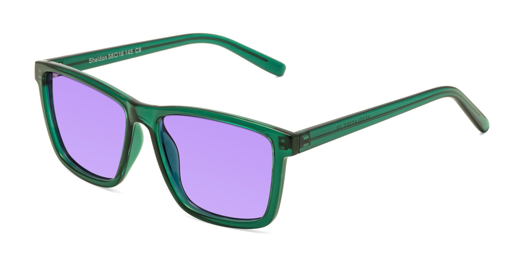 Angle of Sheldon in Green with Medium Purple Tinted Lenses