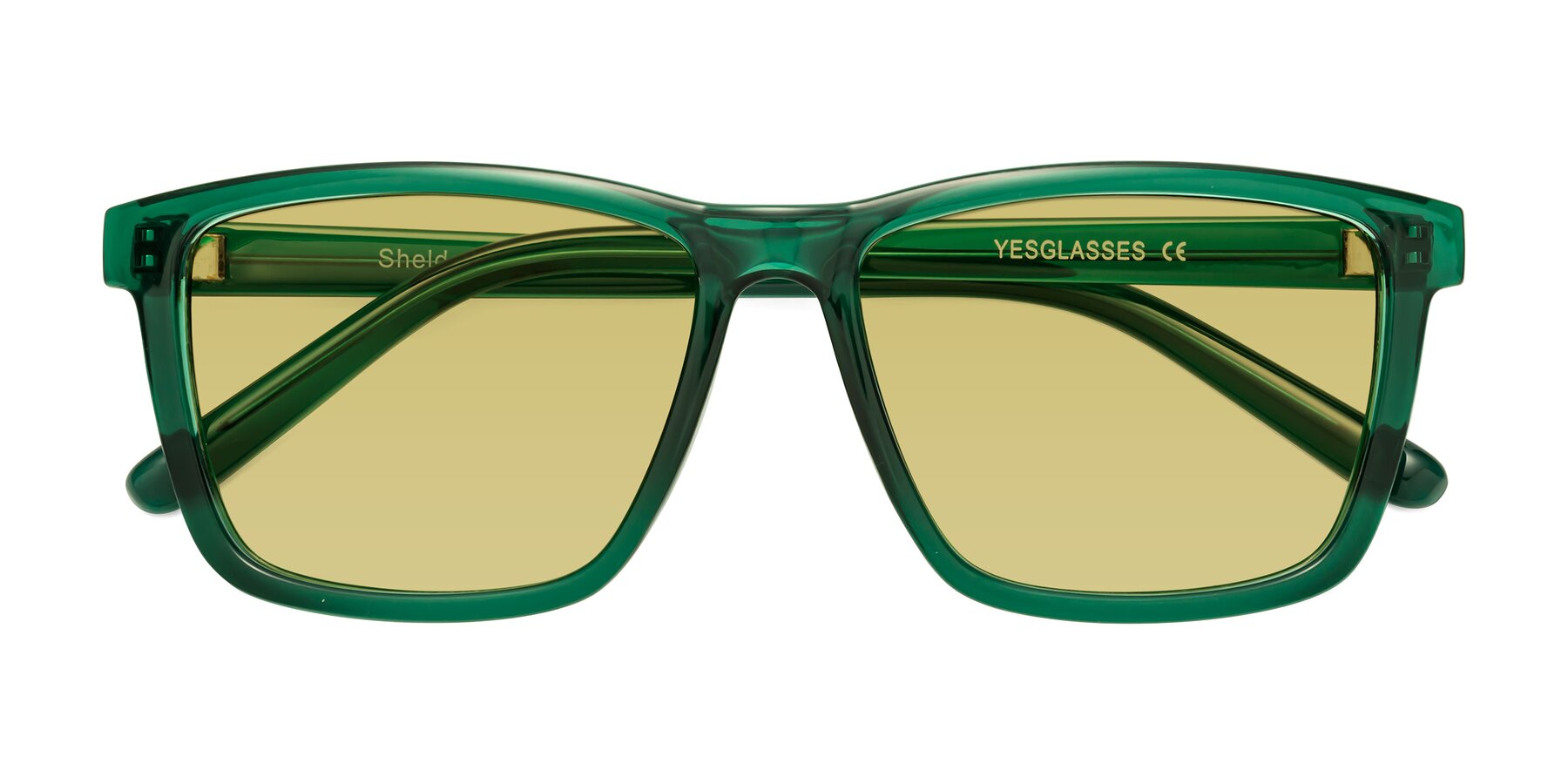 Folded Front of Sheldon in Green with Medium Champagne Tinted Lenses