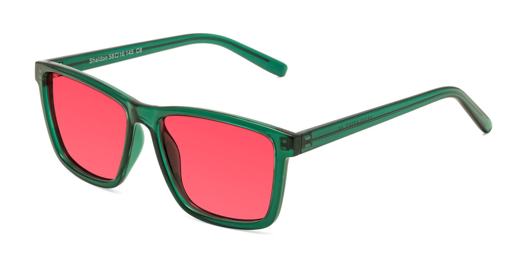 Angle of Sheldon in Green with Red Tinted Lenses