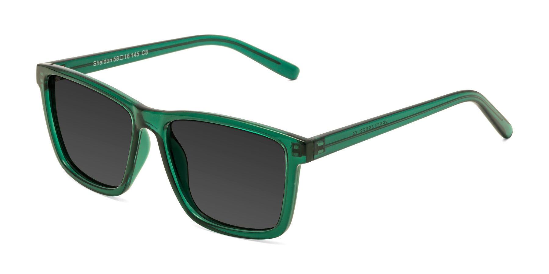 Angle of Sheldon in Green with Gray Tinted Lenses