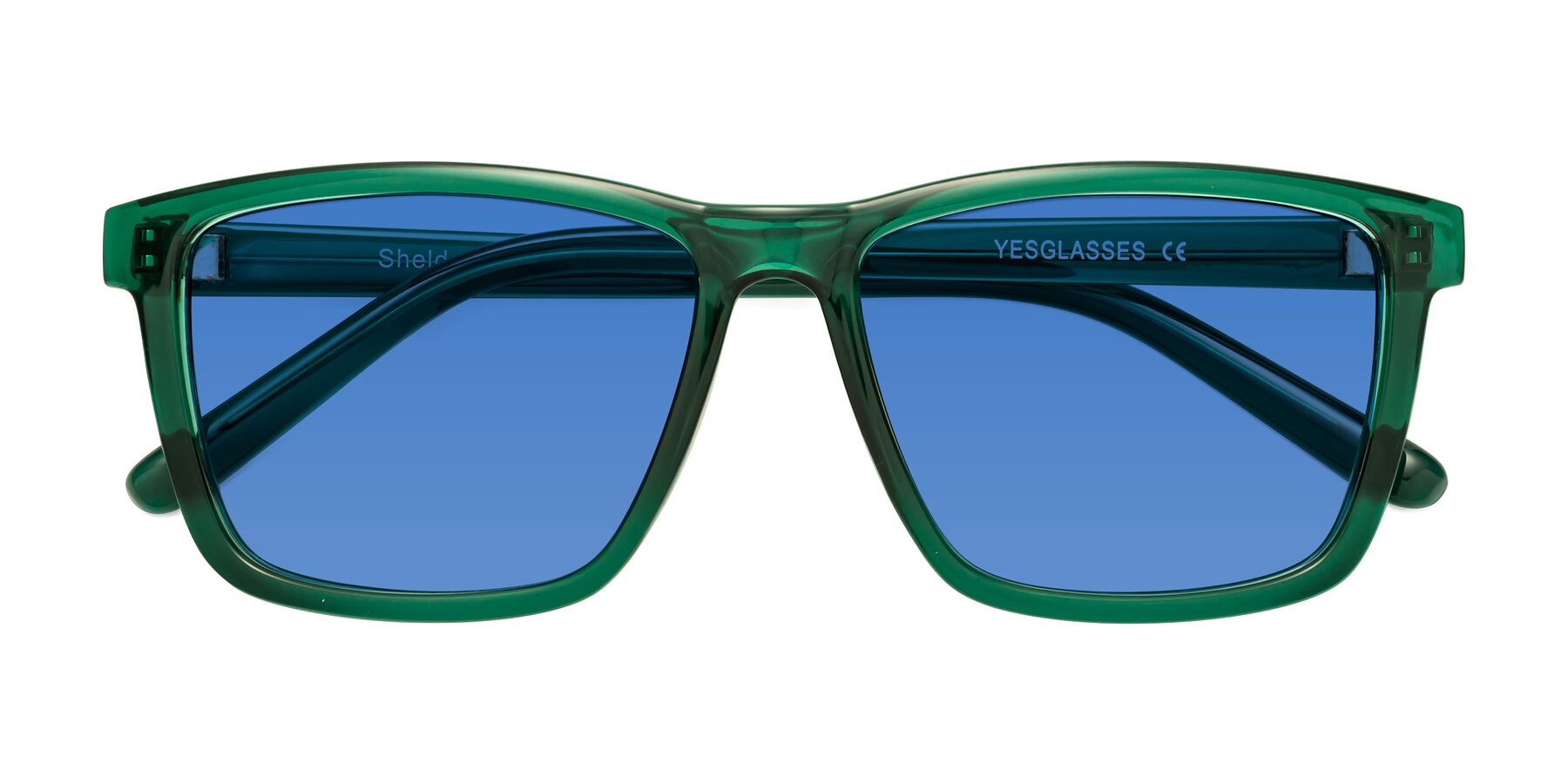 Folded Front of Sheldon in Green with Blue Tinted Lenses