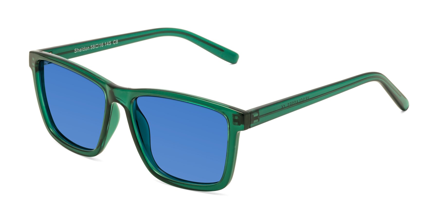 Angle of Sheldon in Green with Blue Tinted Lenses