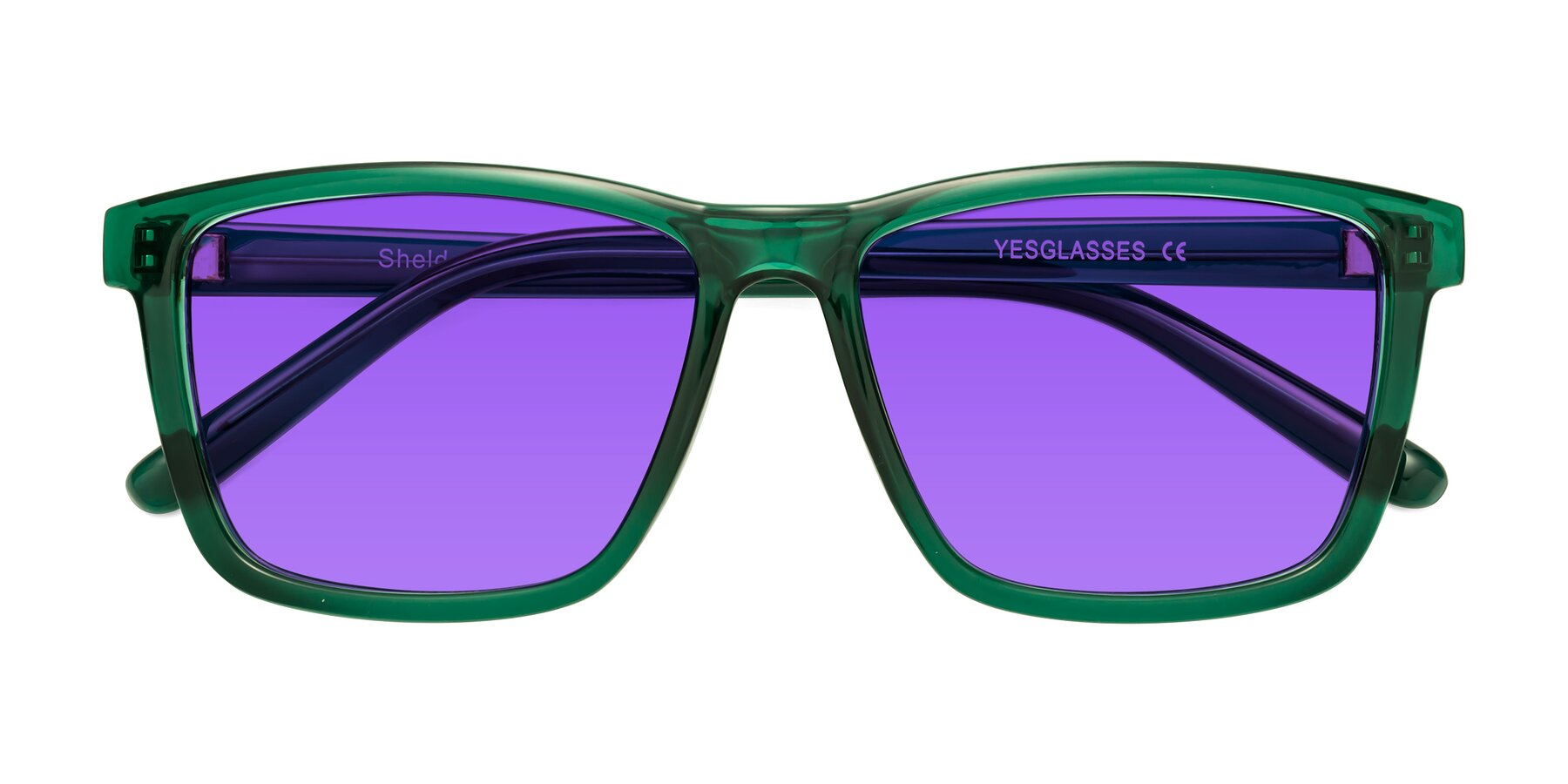 Folded Front of Sheldon in Green with Purple Tinted Lenses