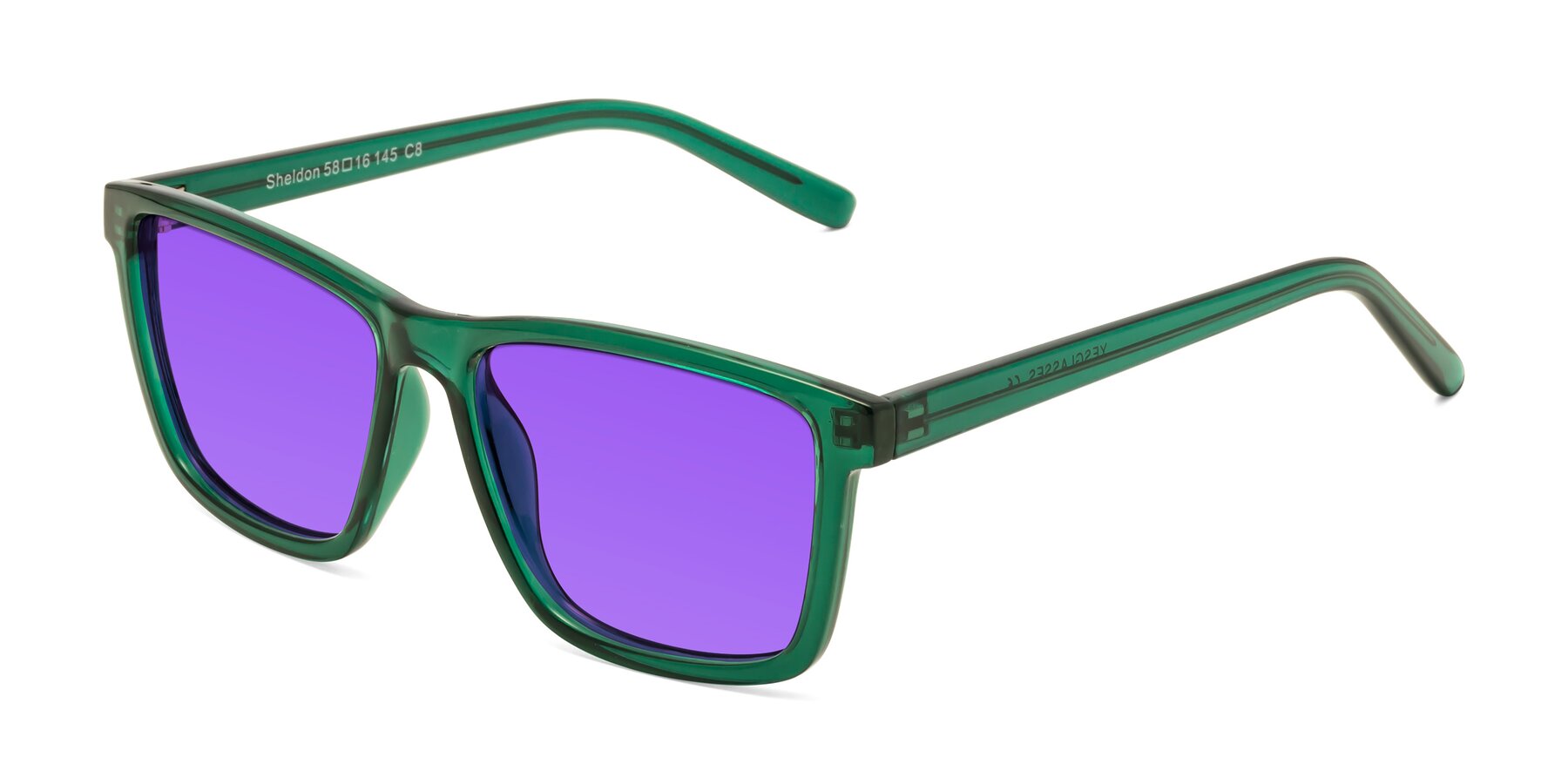 Angle of Sheldon in Green with Purple Tinted Lenses