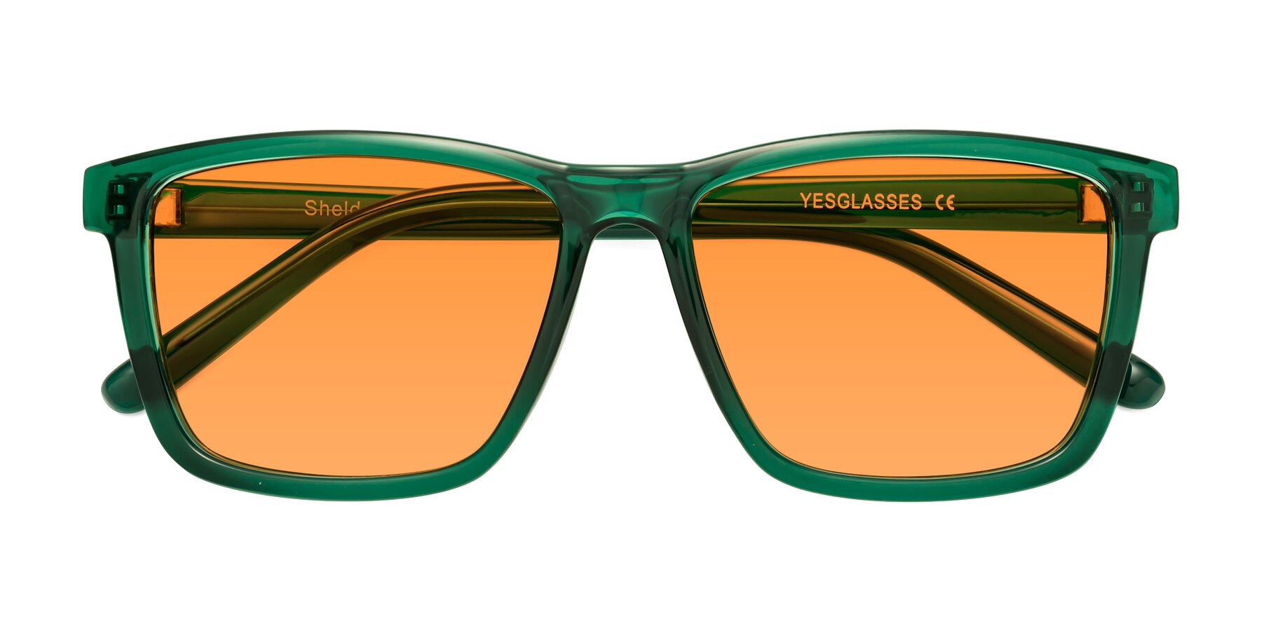 Folded Front of Sheldon in Green with Orange Tinted Lenses