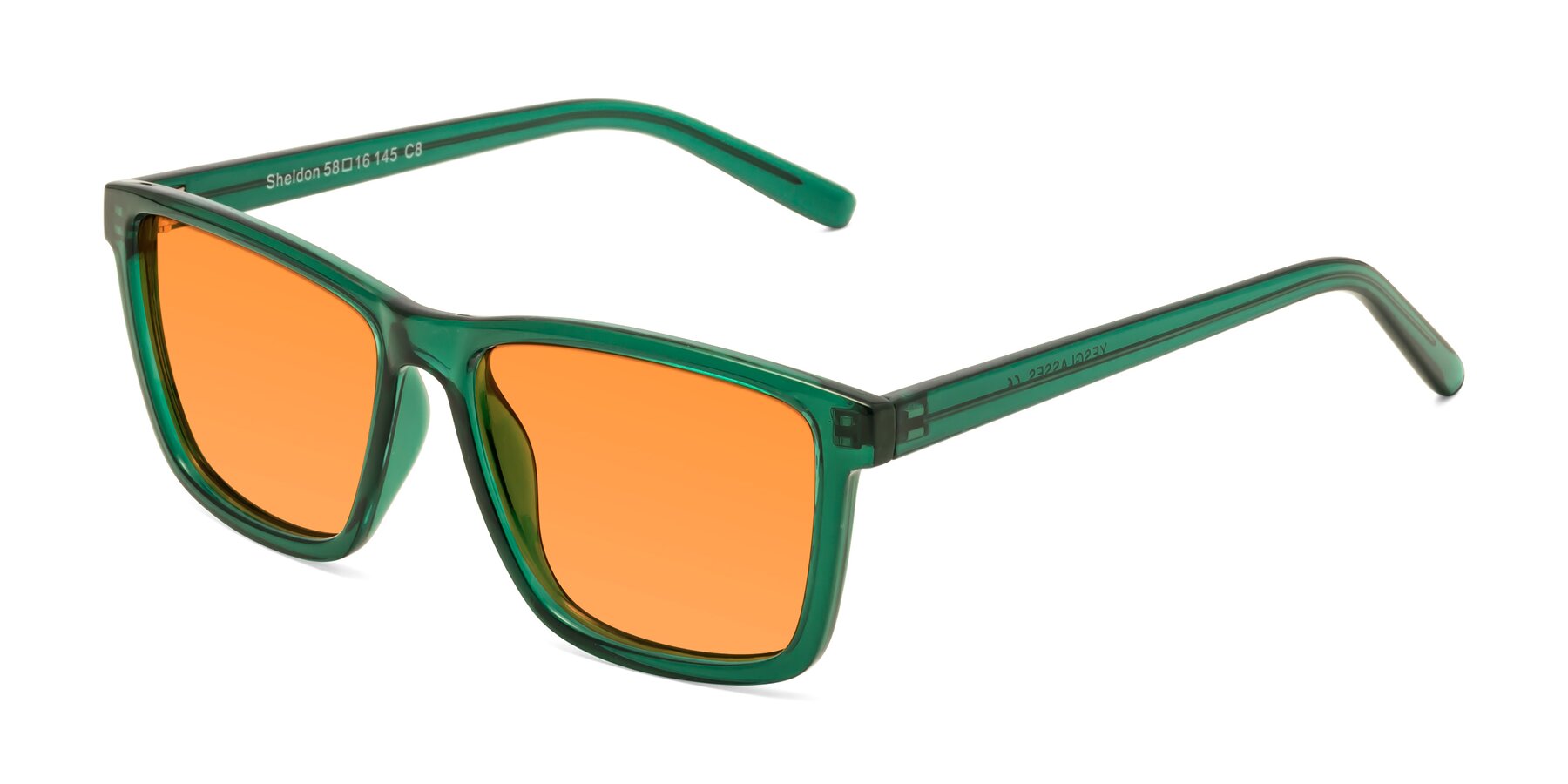Angle of Sheldon in Green with Orange Tinted Lenses