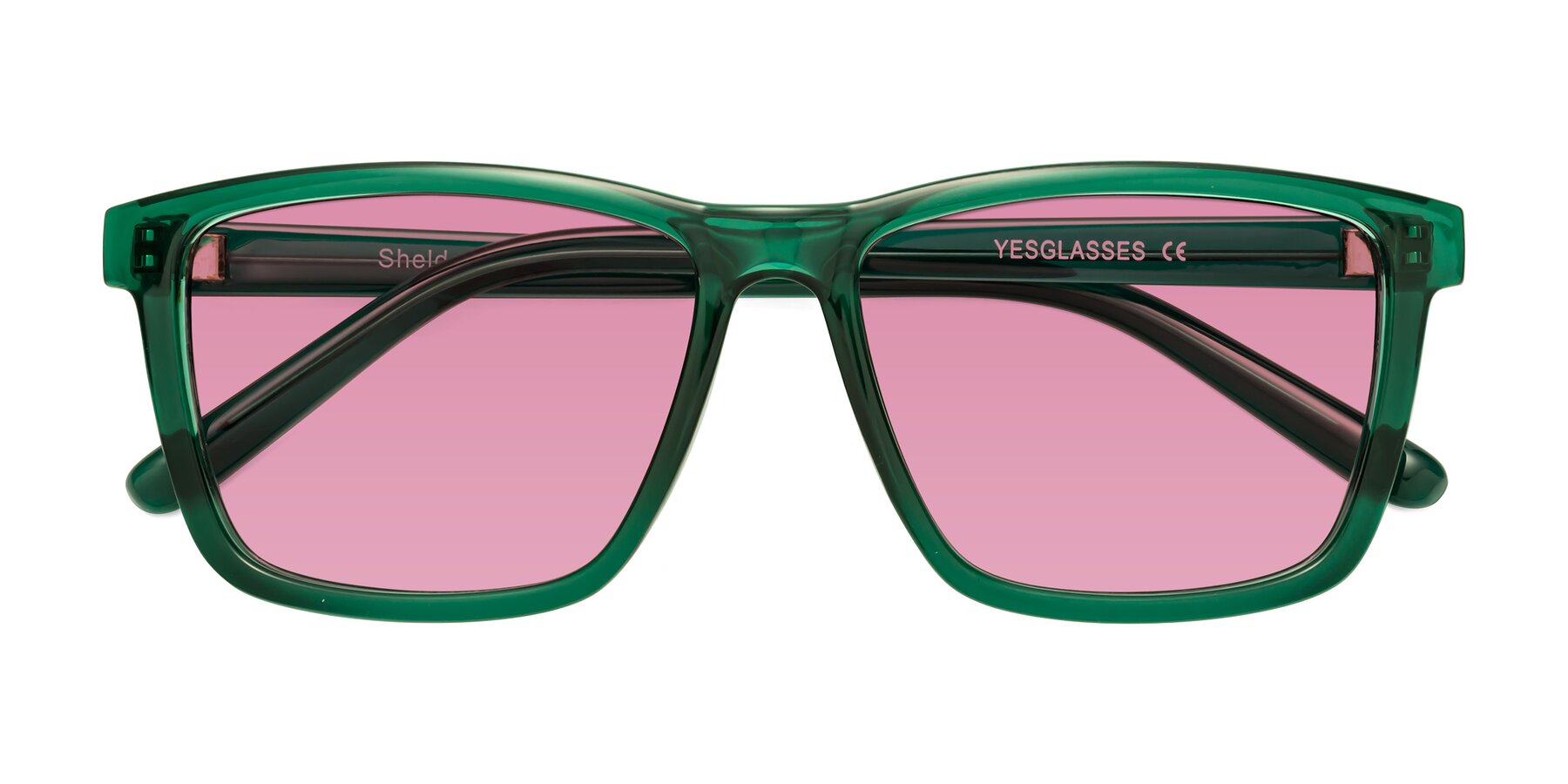 Folded Front of Sheldon in Green with Medium Wine Tinted Lenses