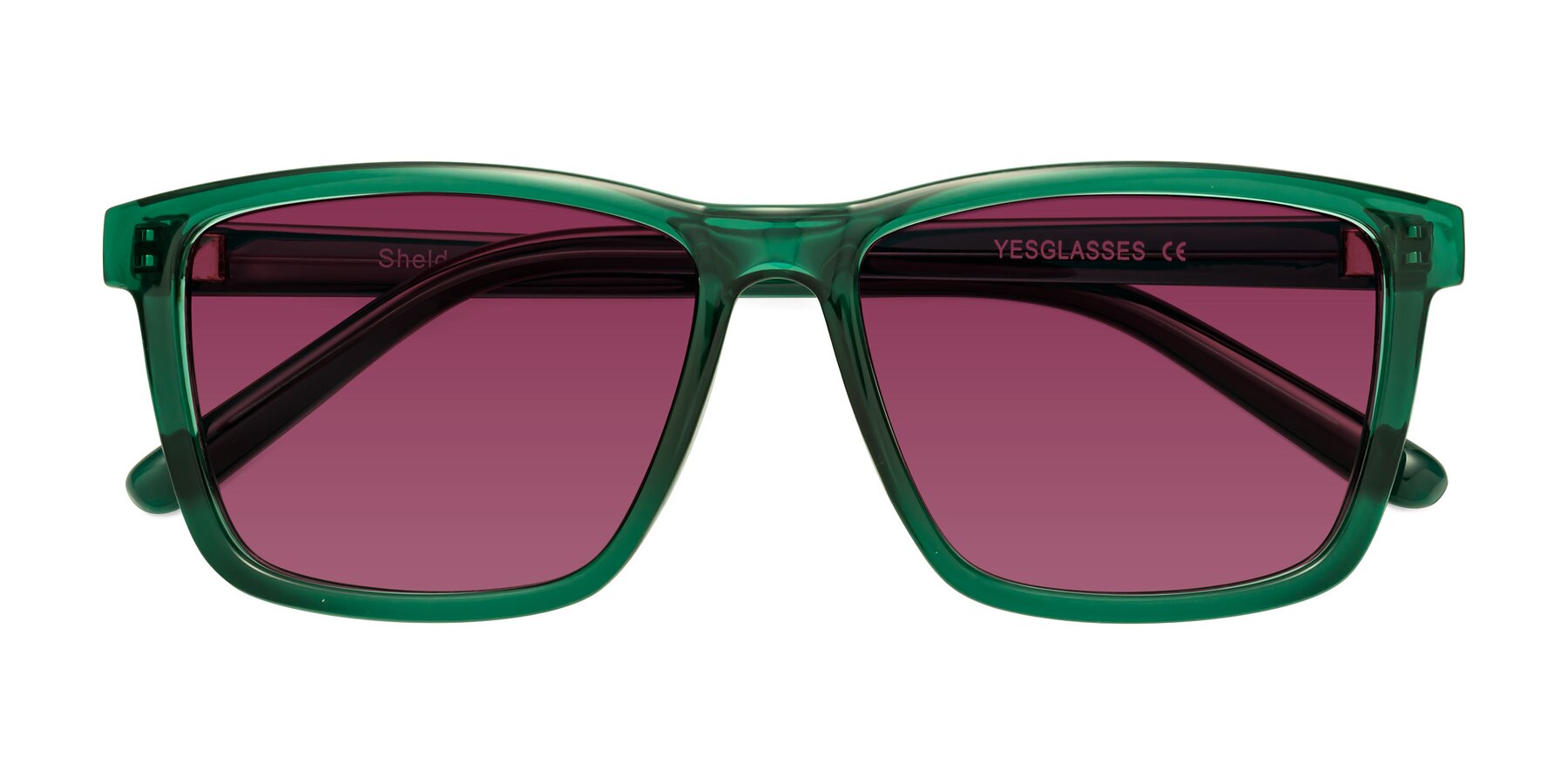 Folded Front of Sheldon in Green with Wine Tinted Lenses