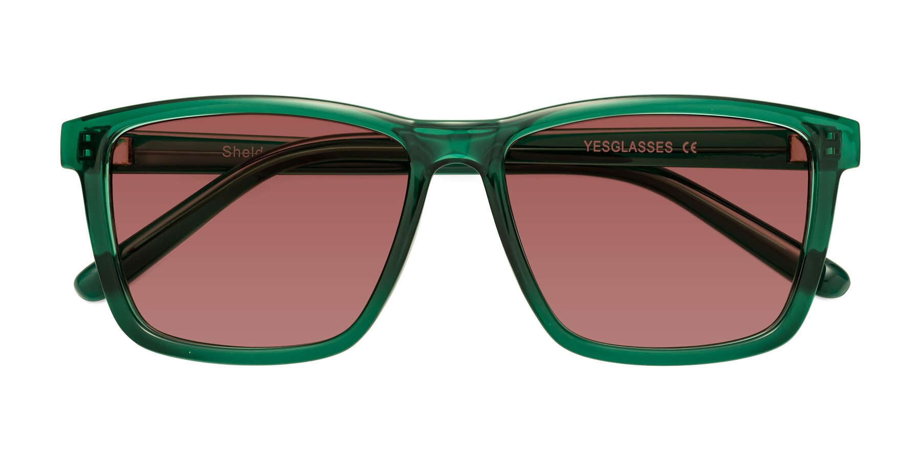 Folded Front of Sheldon in Green with Garnet Tinted Lenses