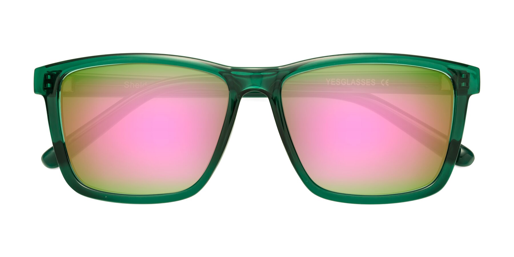 Folded Front of Sheldon in Green with Pink Mirrored Lenses