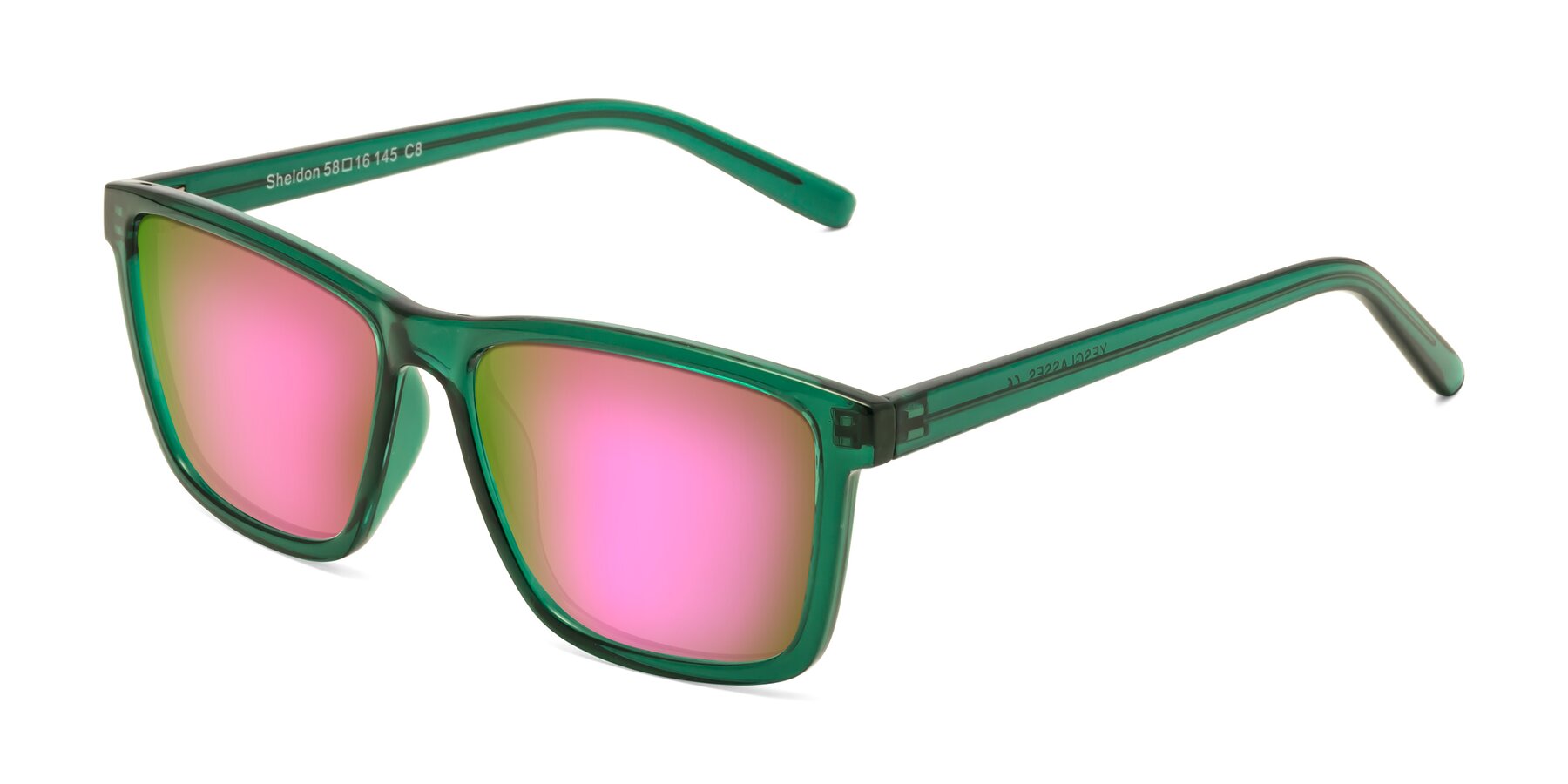 Angle of Sheldon in Green with Pink Mirrored Lenses