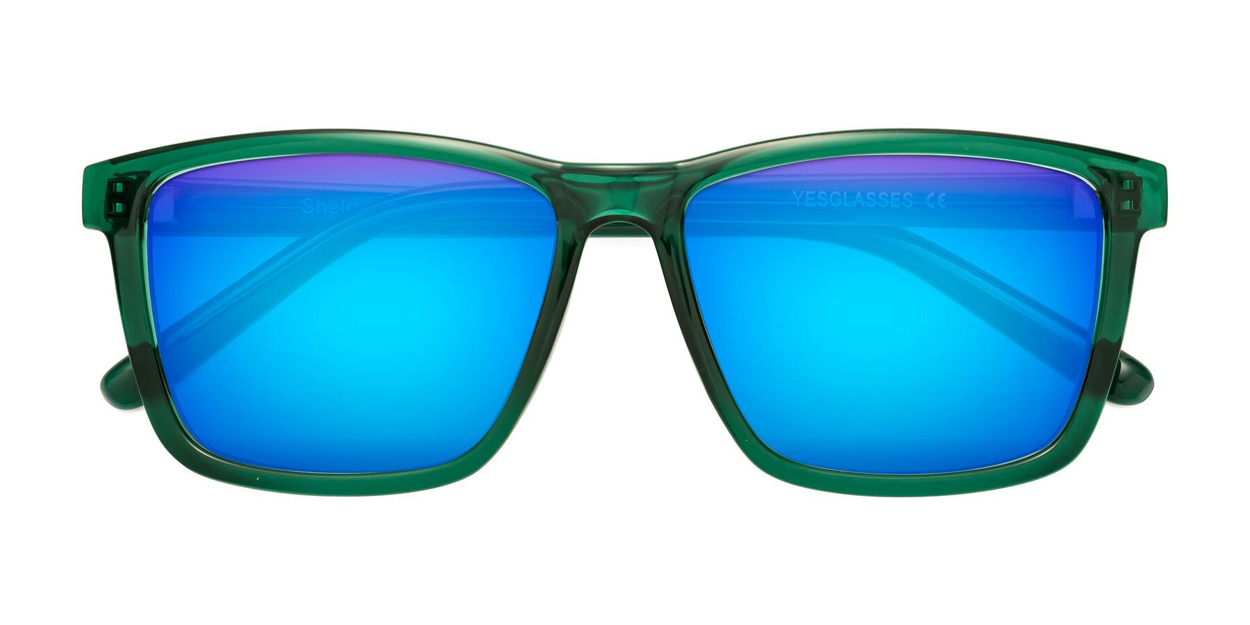 Folded Front of Sheldon in Green with Blue Mirrored Lenses
