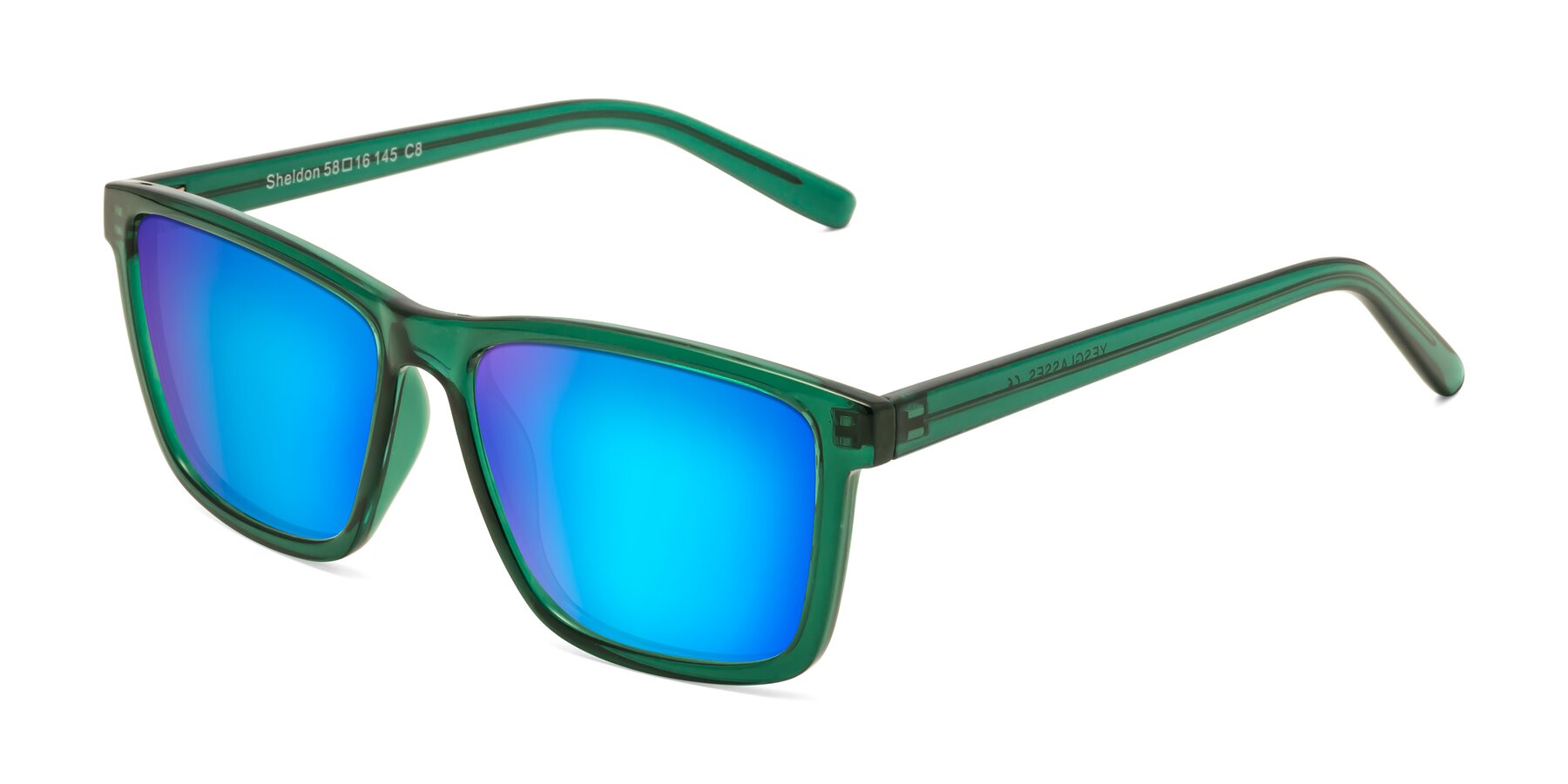 Angle of Sheldon in Green with Blue Mirrored Lenses