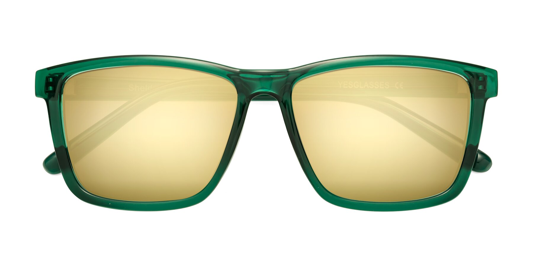 Folded Front of Sheldon in Green with Gold Mirrored Lenses