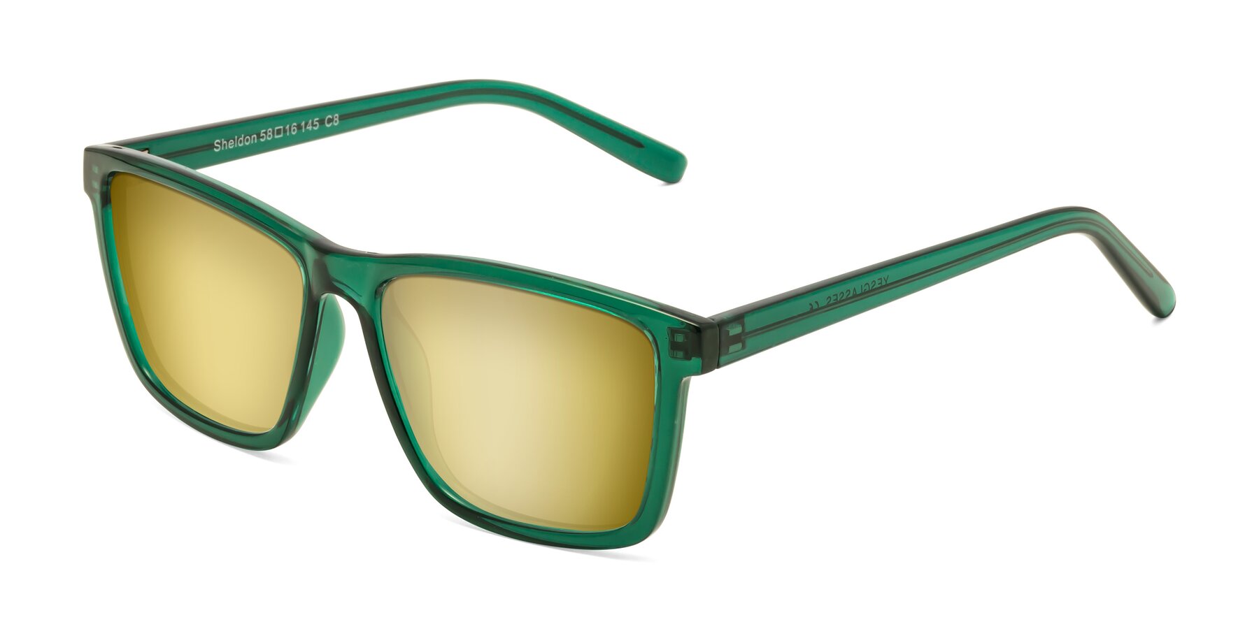 Angle of Sheldon in Green with Gold Mirrored Lenses
