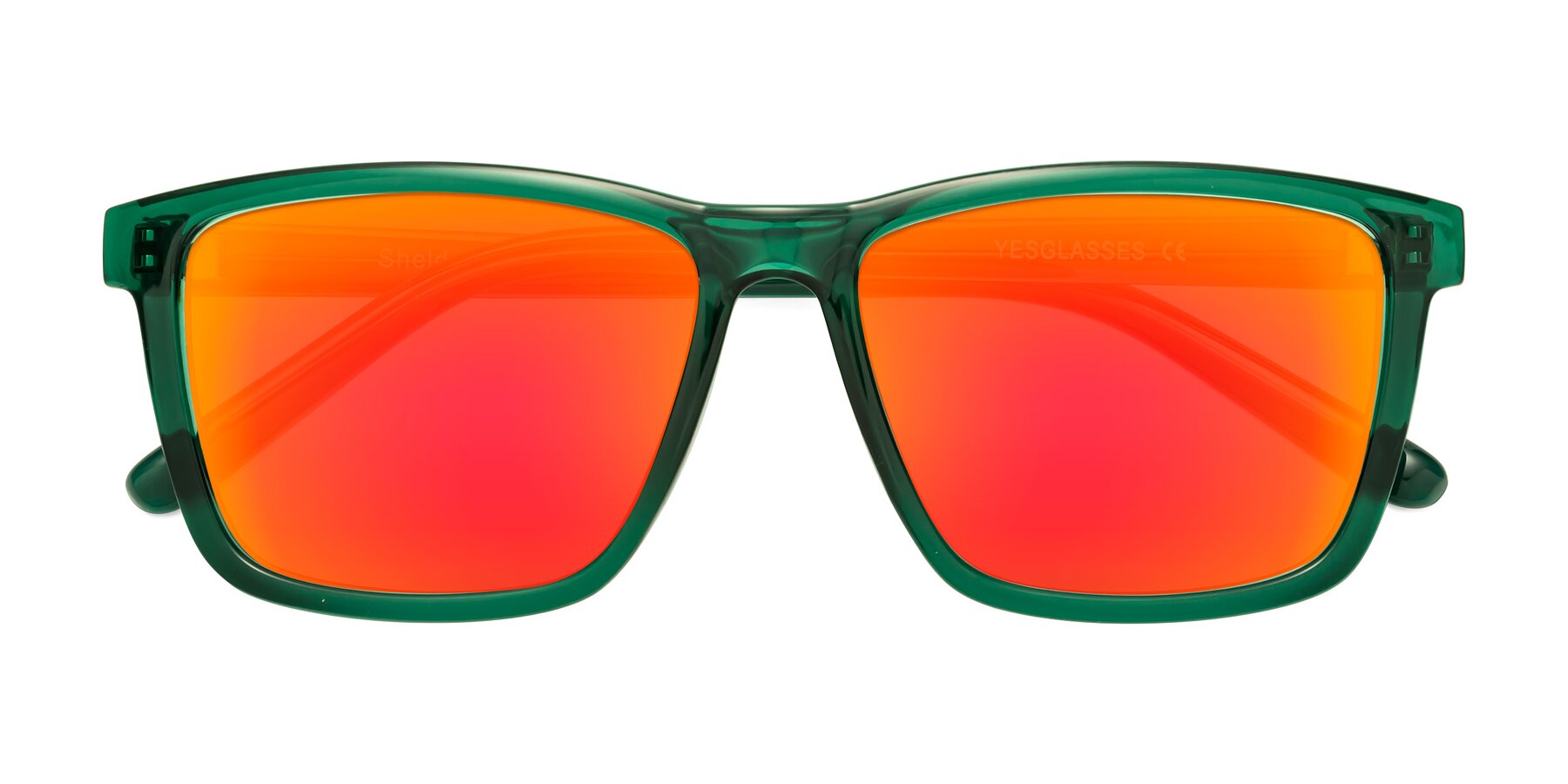 Folded Front of Sheldon in Green with Red Gold Mirrored Lenses
