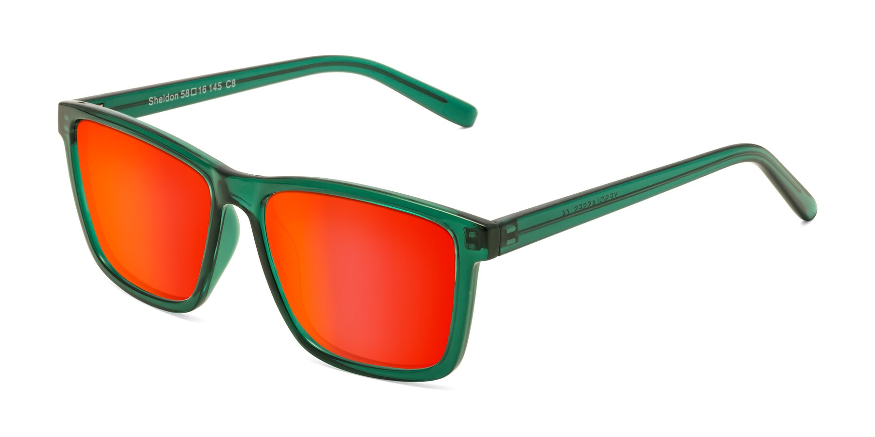 Angle of Sheldon in Green with Red Gold Mirrored Lenses