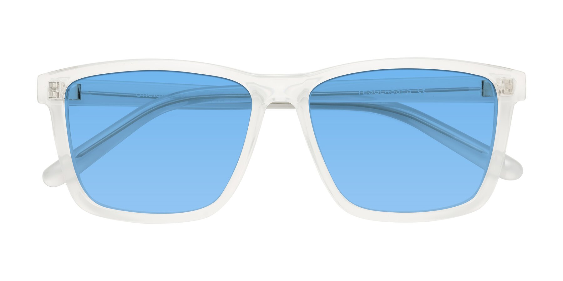 Folded Front of Sheldon in Translucent White with Medium Blue Tinted Lenses