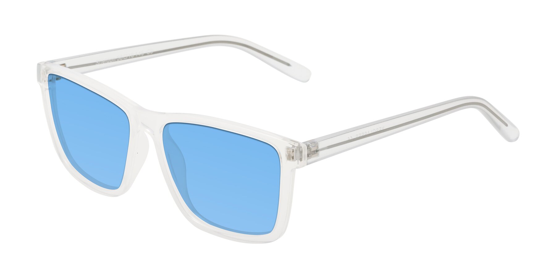 Angle of Sheldon in Translucent White with Medium Blue Tinted Lenses