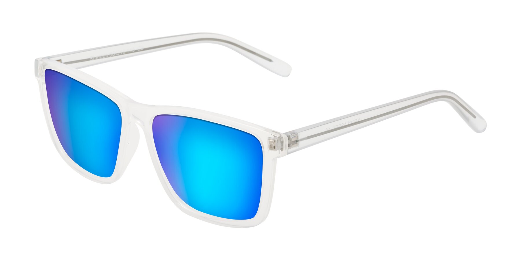 Angle of Sheldon in Translucent White with Blue Mirrored Lenses