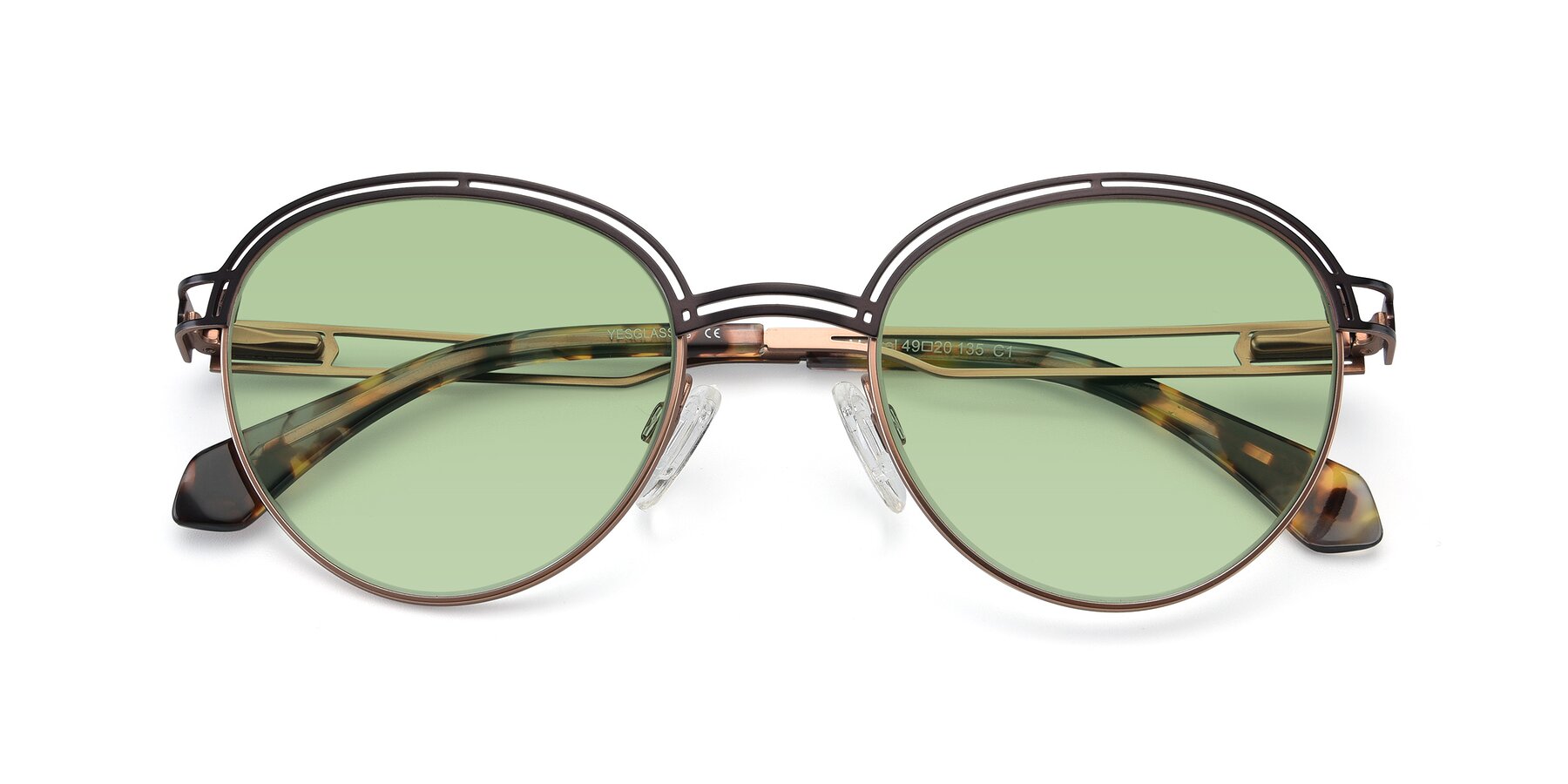 Folded Front of Marvel in Coffee-Gold with Medium Green Tinted Lenses