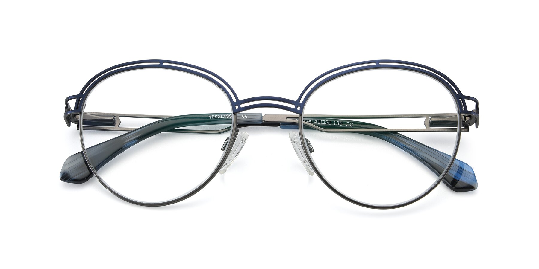Folded Front of Marvel in Blue-Gunmetal with Clear Reading Eyeglass Lenses