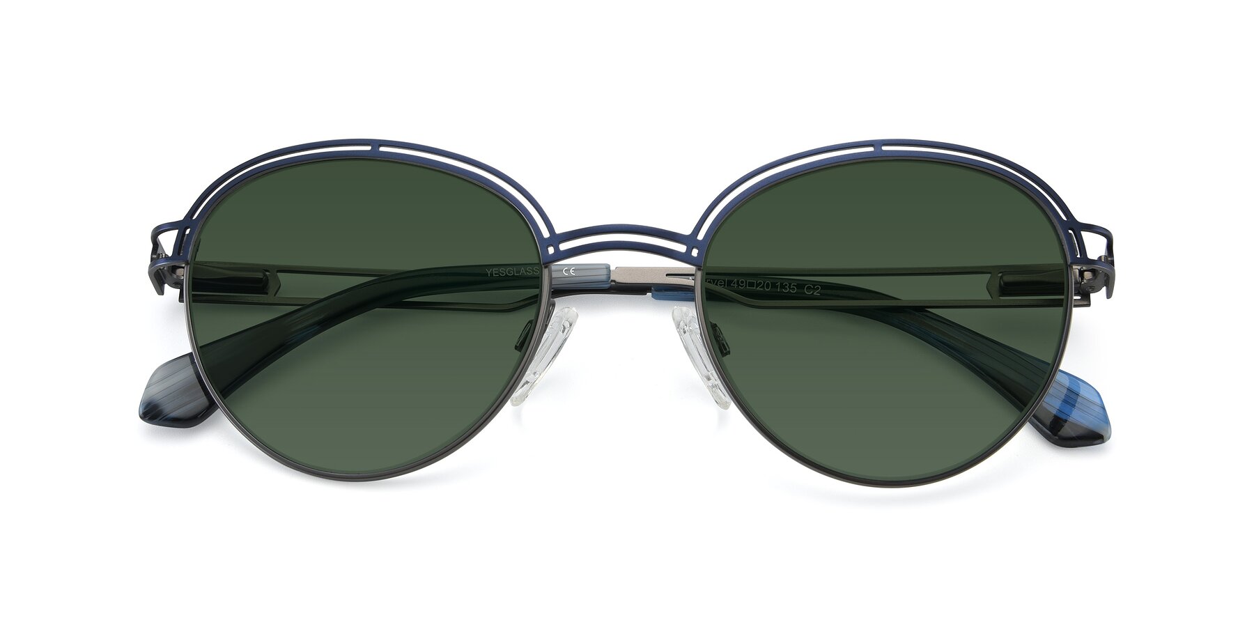 Folded Front of Marvel in Blue-Gunmetal with Green Tinted Lenses