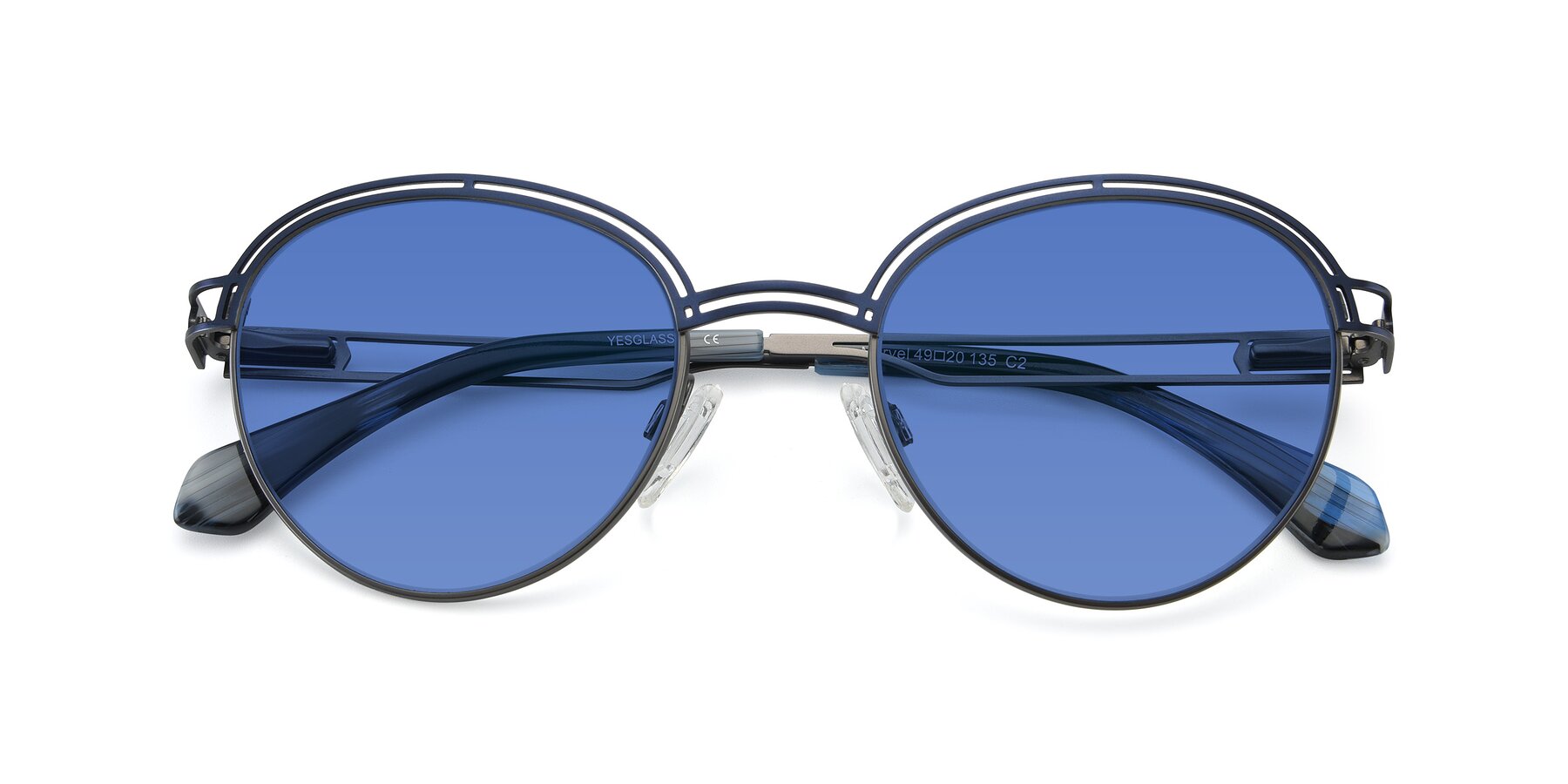 Sunwear with Bridge Lenses - Blue Marvel Hipster Blue-Gunmetal Browline Tinted Sunglasses Double