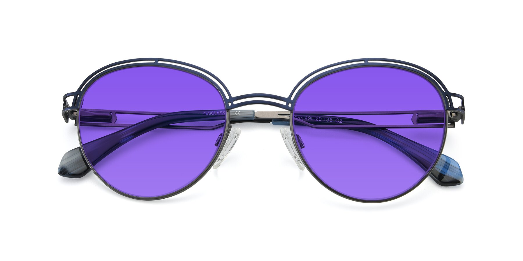Folded Front of Marvel in Blue-Gunmetal with Purple Tinted Lenses