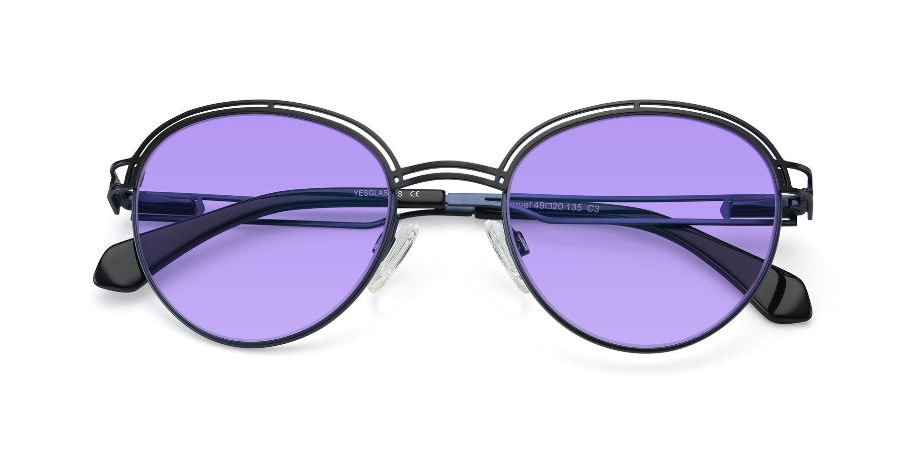 Folded Front of Marvel in Black-Blue with Medium Purple Tinted Lenses