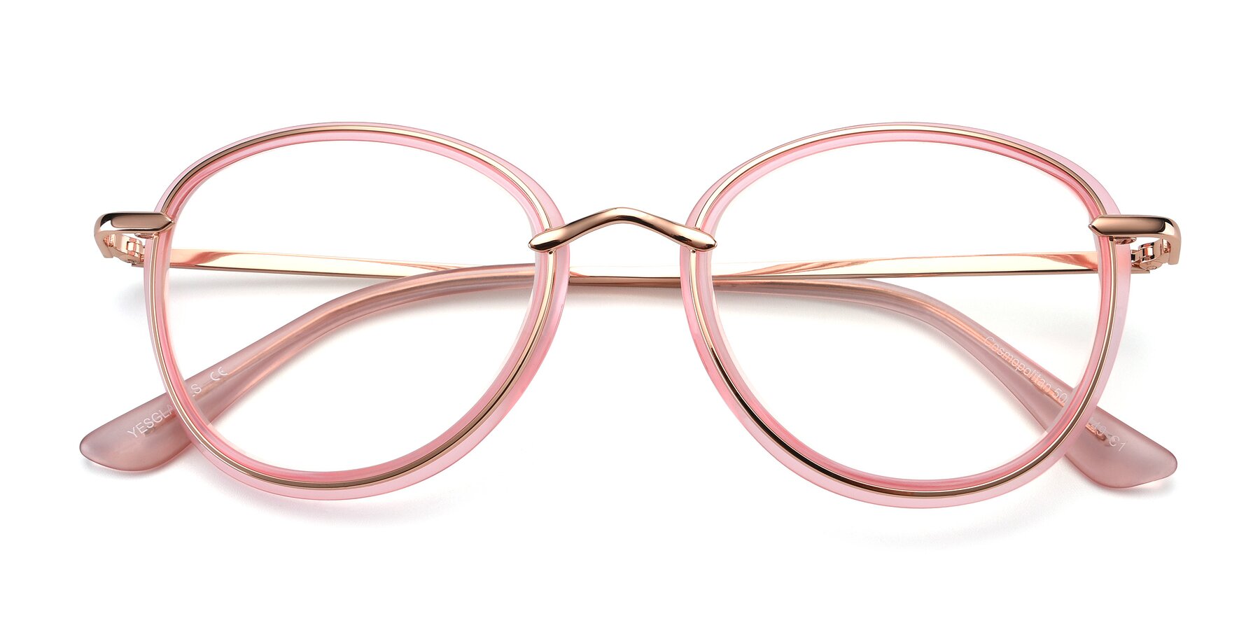 Folded Front of Cosmopolitan in Pink-Gold with Clear Reading Eyeglass Lenses