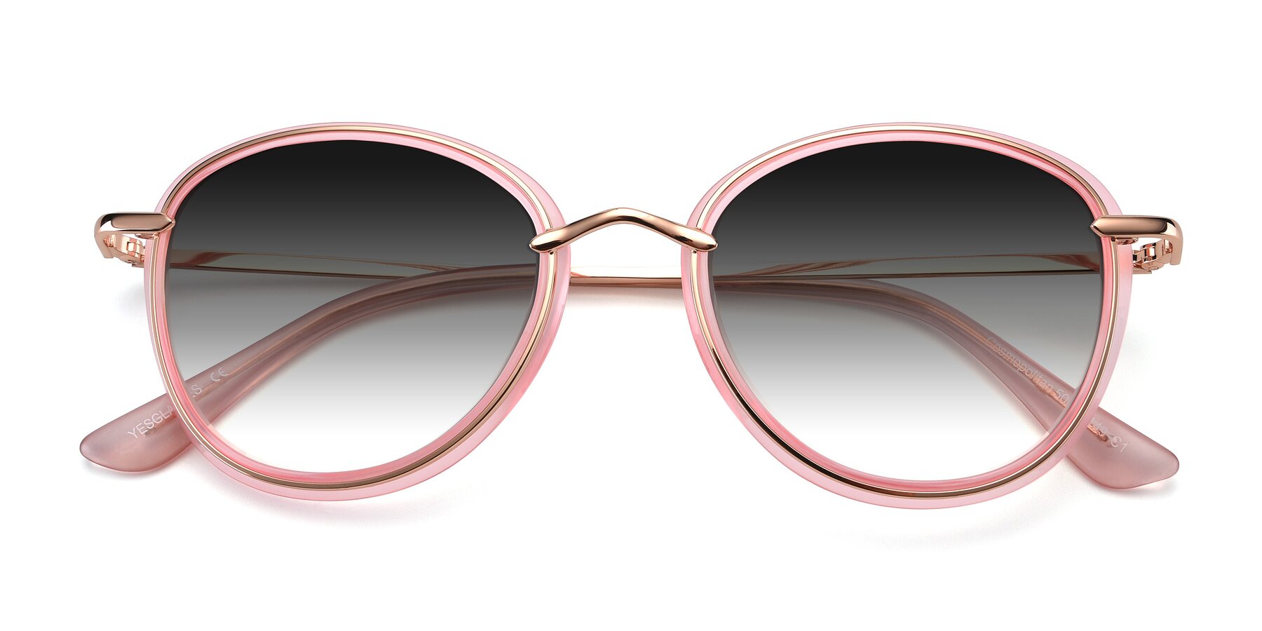 Folded Front of Cosmopolitan in Pink-Gold with Gray Gradient Lenses