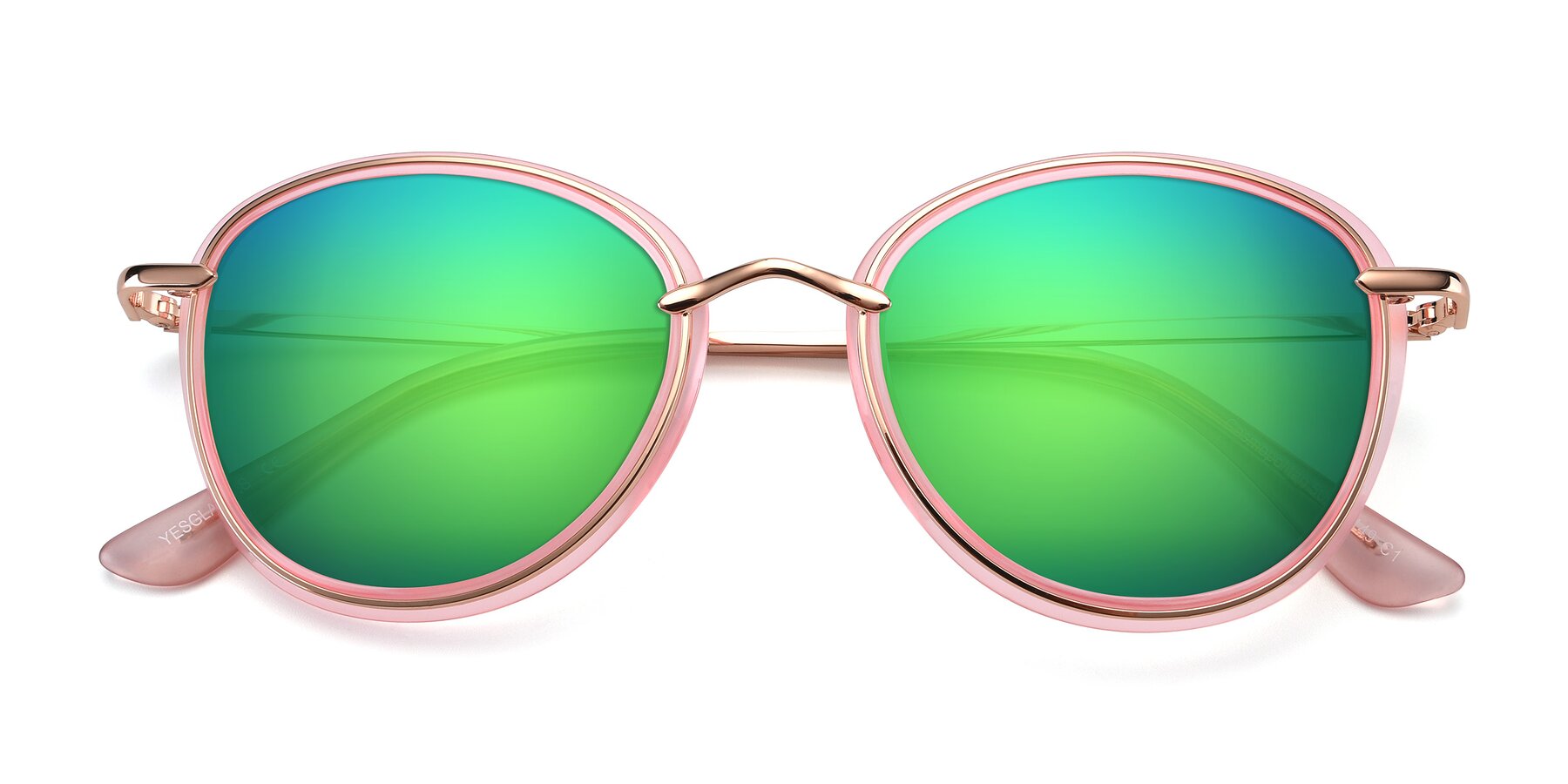 Folded Front of Cosmopolitan in Pink-Gold with Green Mirrored Lenses