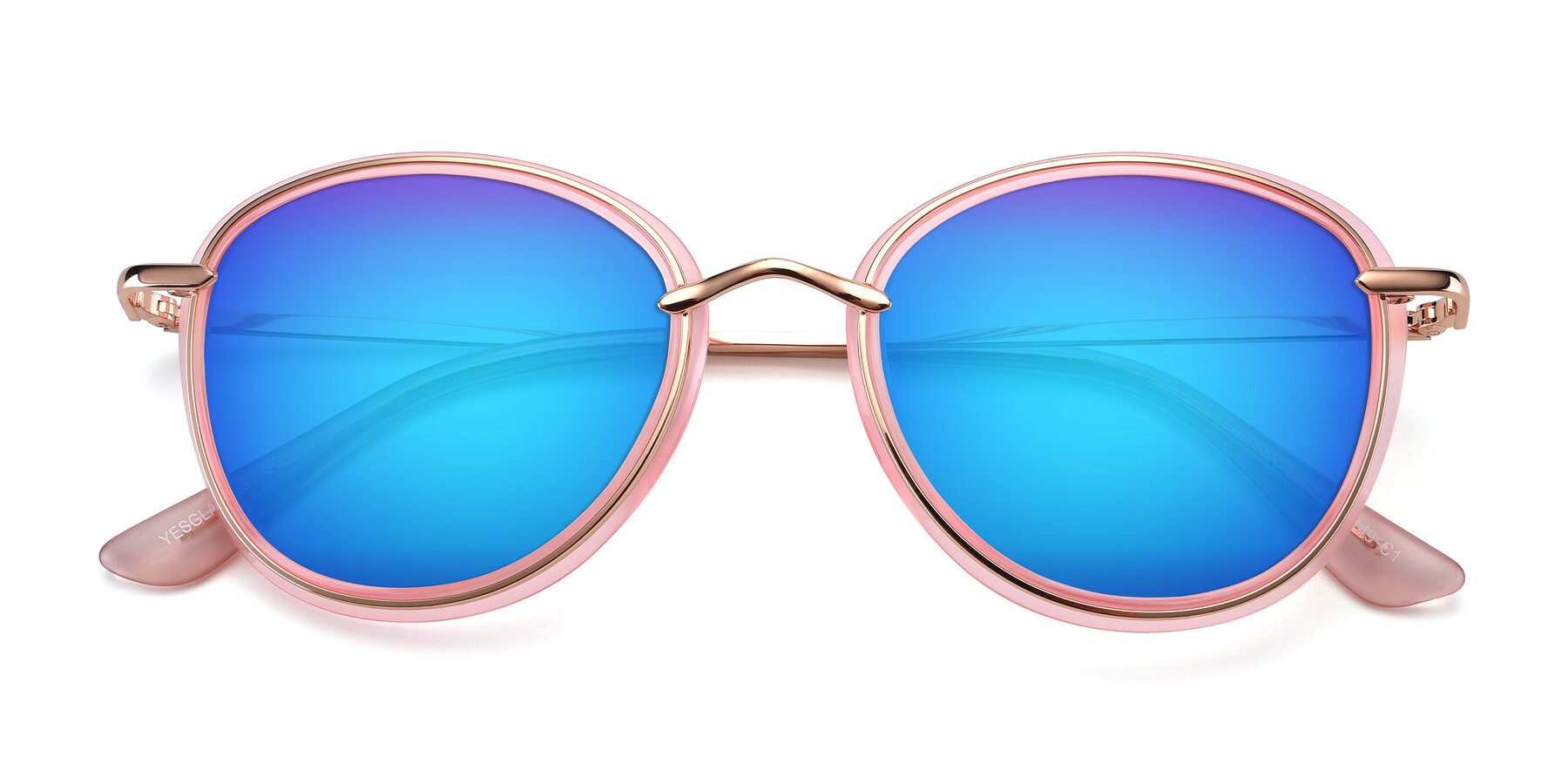 Folded Front of Cosmopolitan in Pink-Gold with Blue Mirrored Lenses