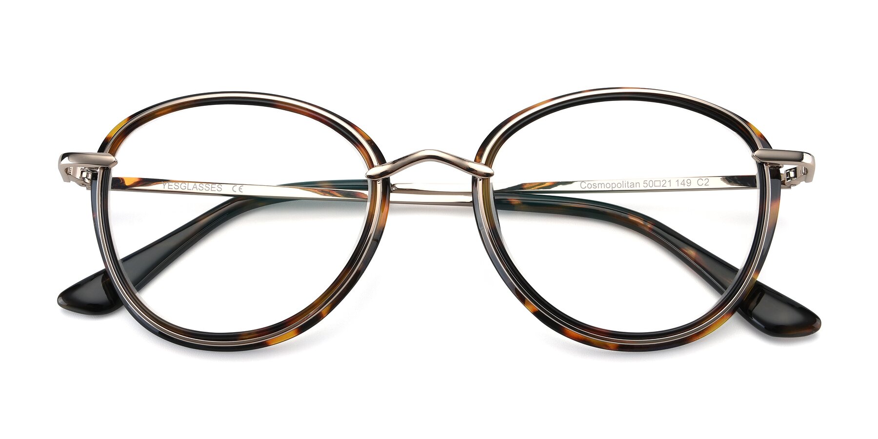 Folded Front of Cosmopolitan in Tortoise-Silver with Clear Eyeglass Lenses