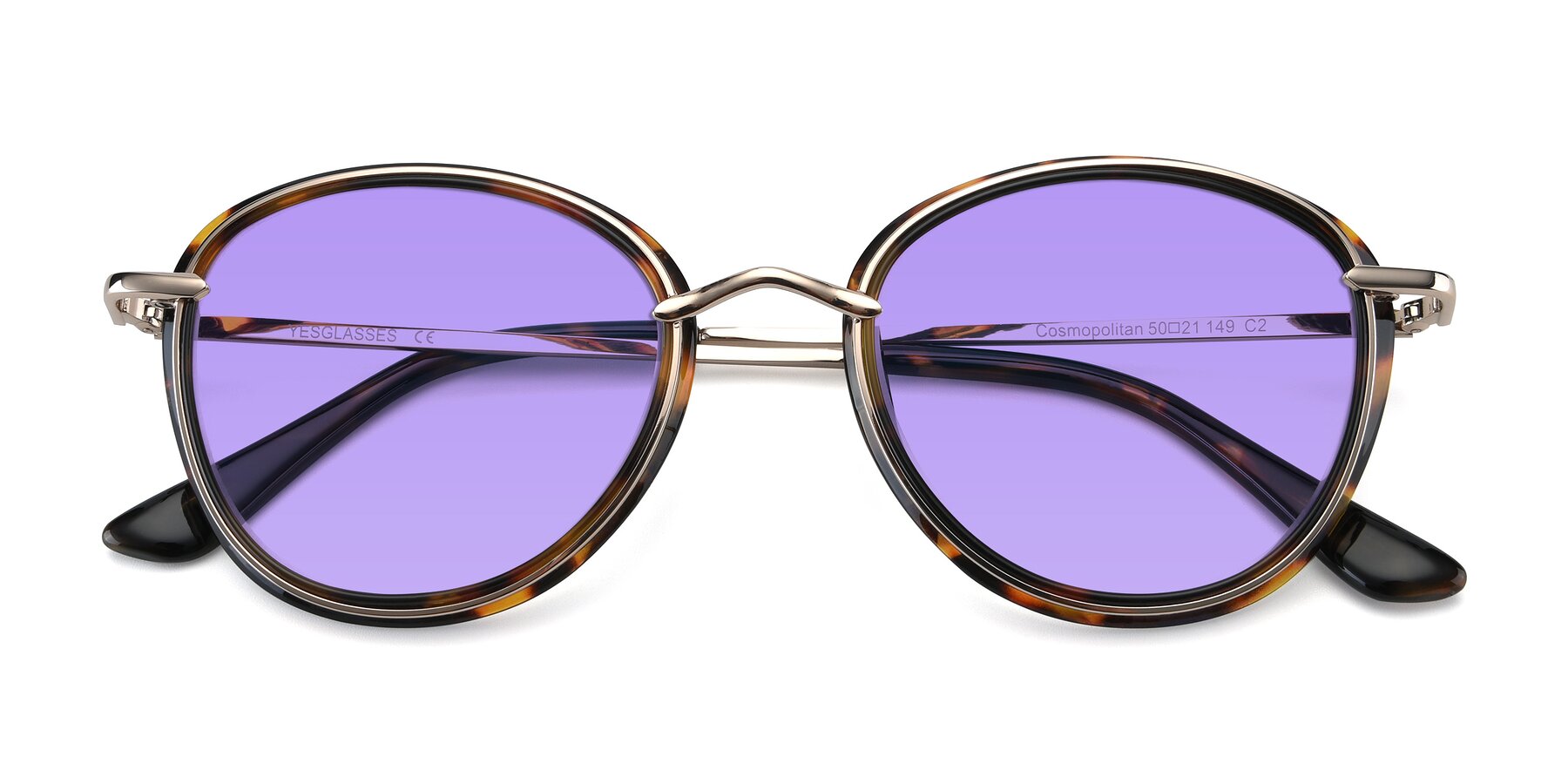 Folded Front of Cosmopolitan in Tortoise-Silver with Medium Purple Tinted Lenses