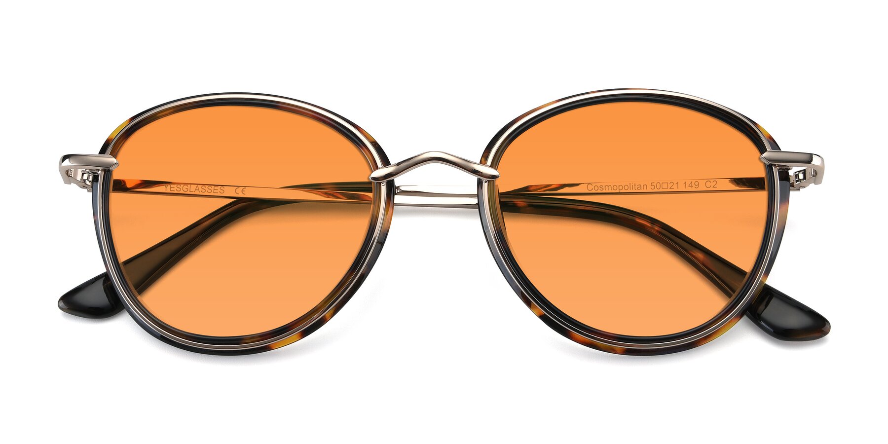 Folded Front of Cosmopolitan in Tortoise-Silver with Orange Tinted Lenses