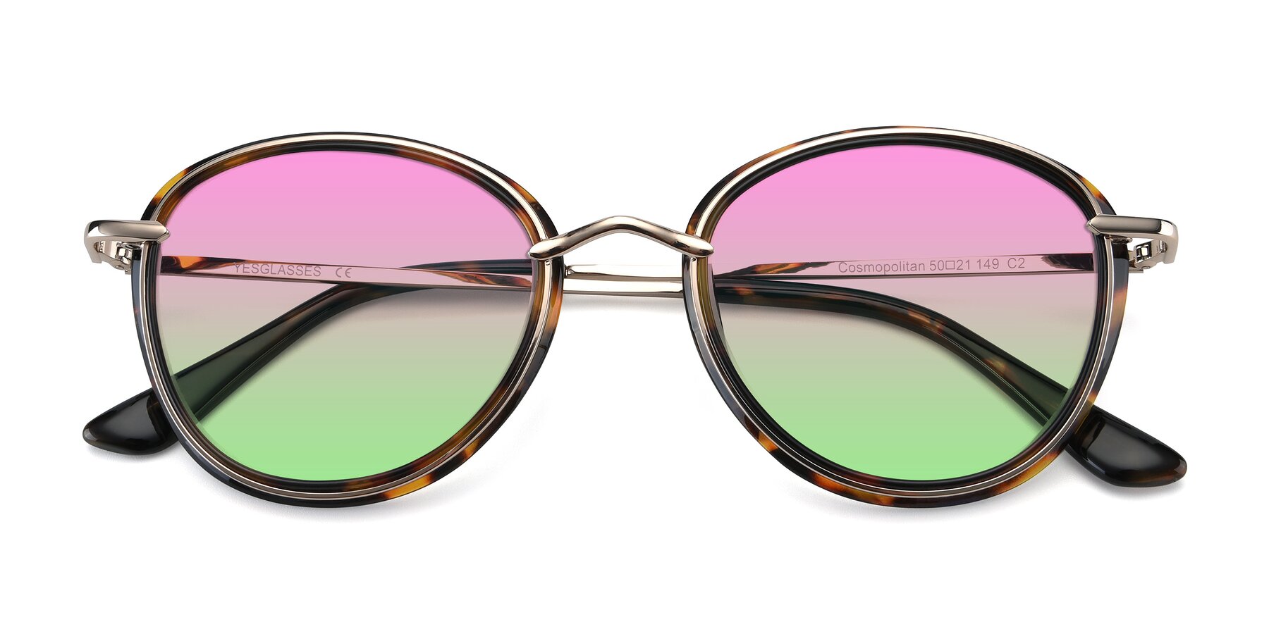 Folded Front of Cosmopolitan in Tortoise-Silver with Pink / Green Gradient Lenses