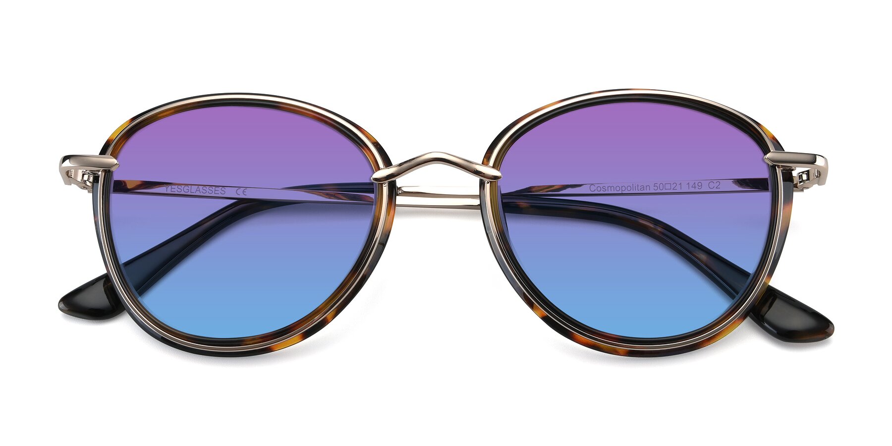 Folded Front of Cosmopolitan in Tortoise-Silver with Purple / Blue Gradient Lenses