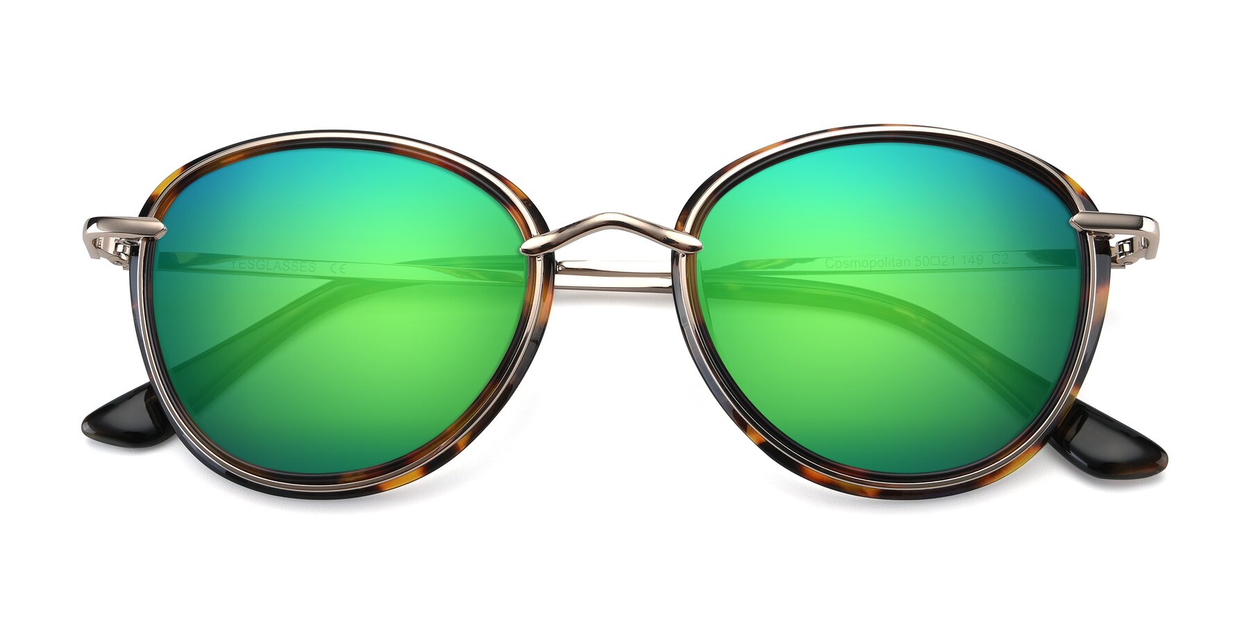 View of Cosmopolitan in Tortoise-Silver with Green Mirrored Lenses