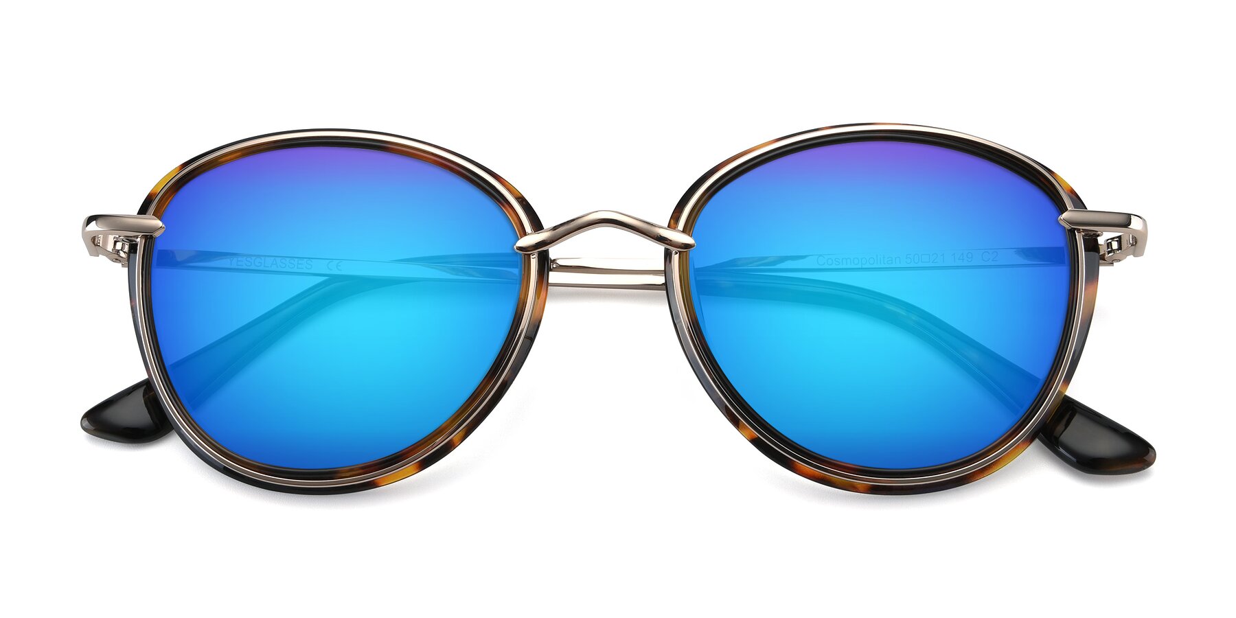 View of Cosmopolitan in Tortoise-Silver with Blue Mirrored Lenses