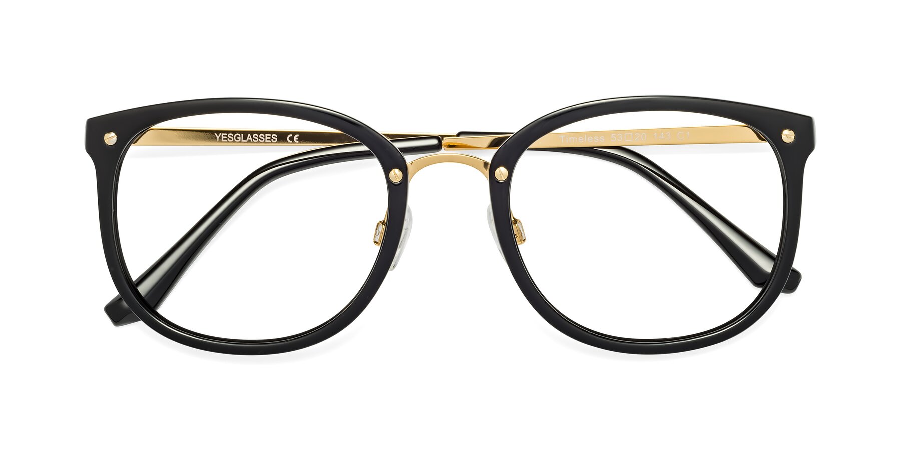 Folded Front of Timeless in Black-Gold with Clear Blue Light Blocking Lenses