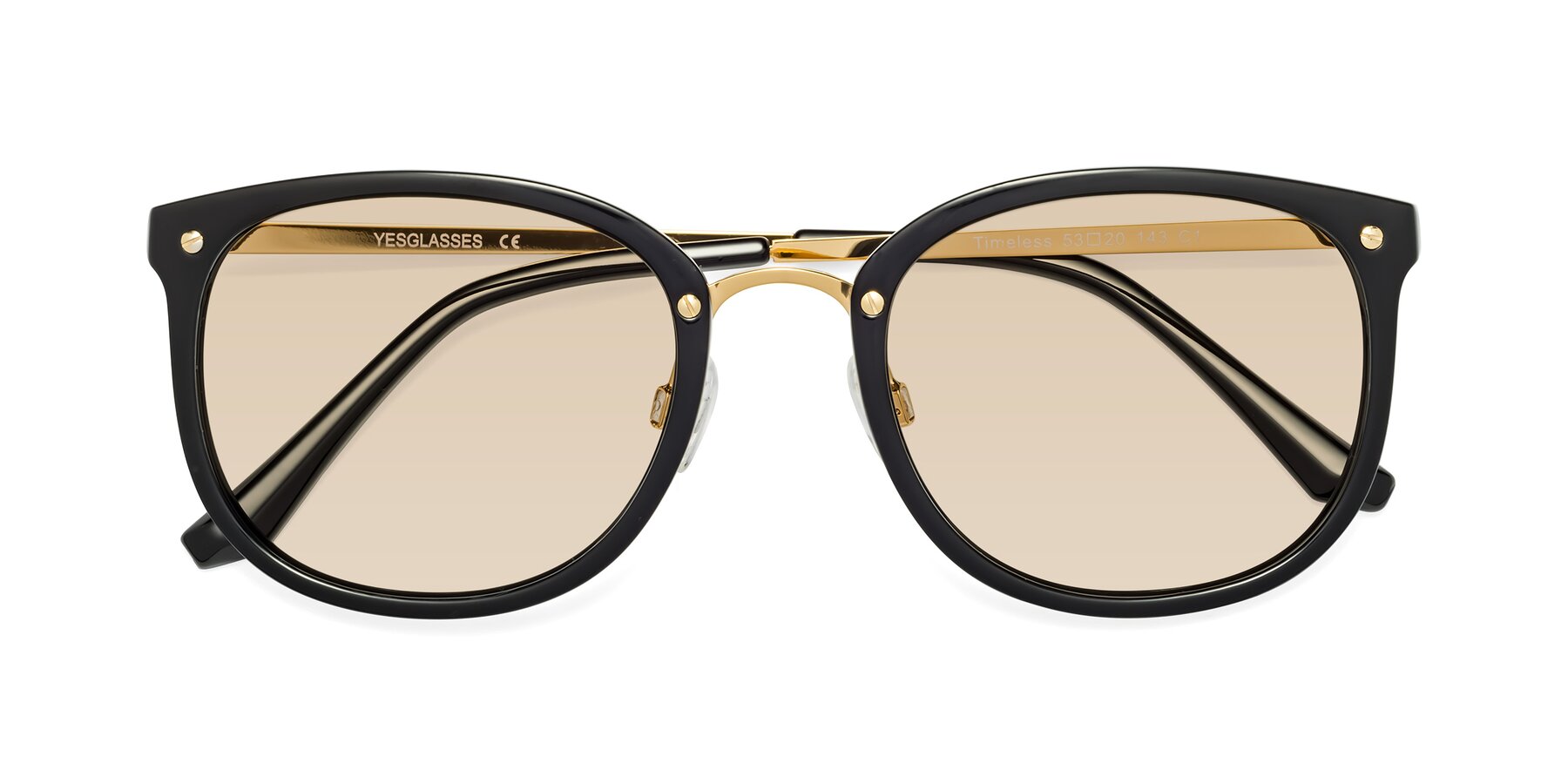 Folded Front of Timeless in Black-Gold with Light Brown Tinted Lenses