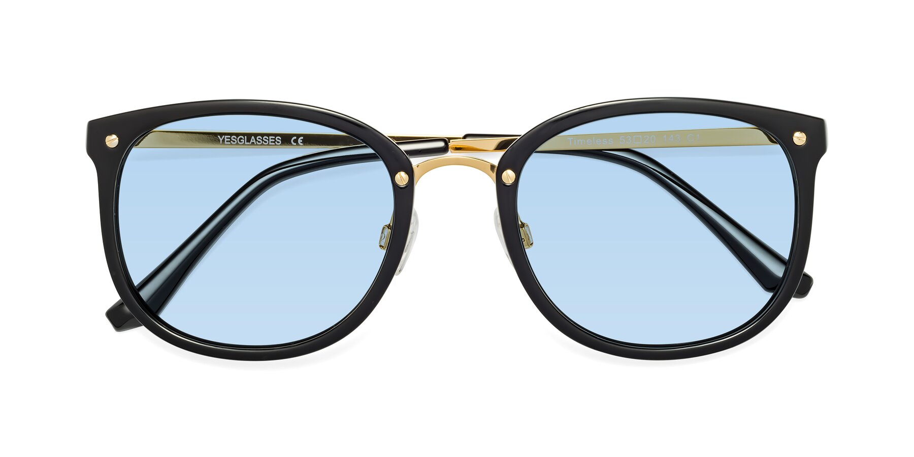 Folded Front of Timeless in Black-Gold with Light Blue Tinted Lenses